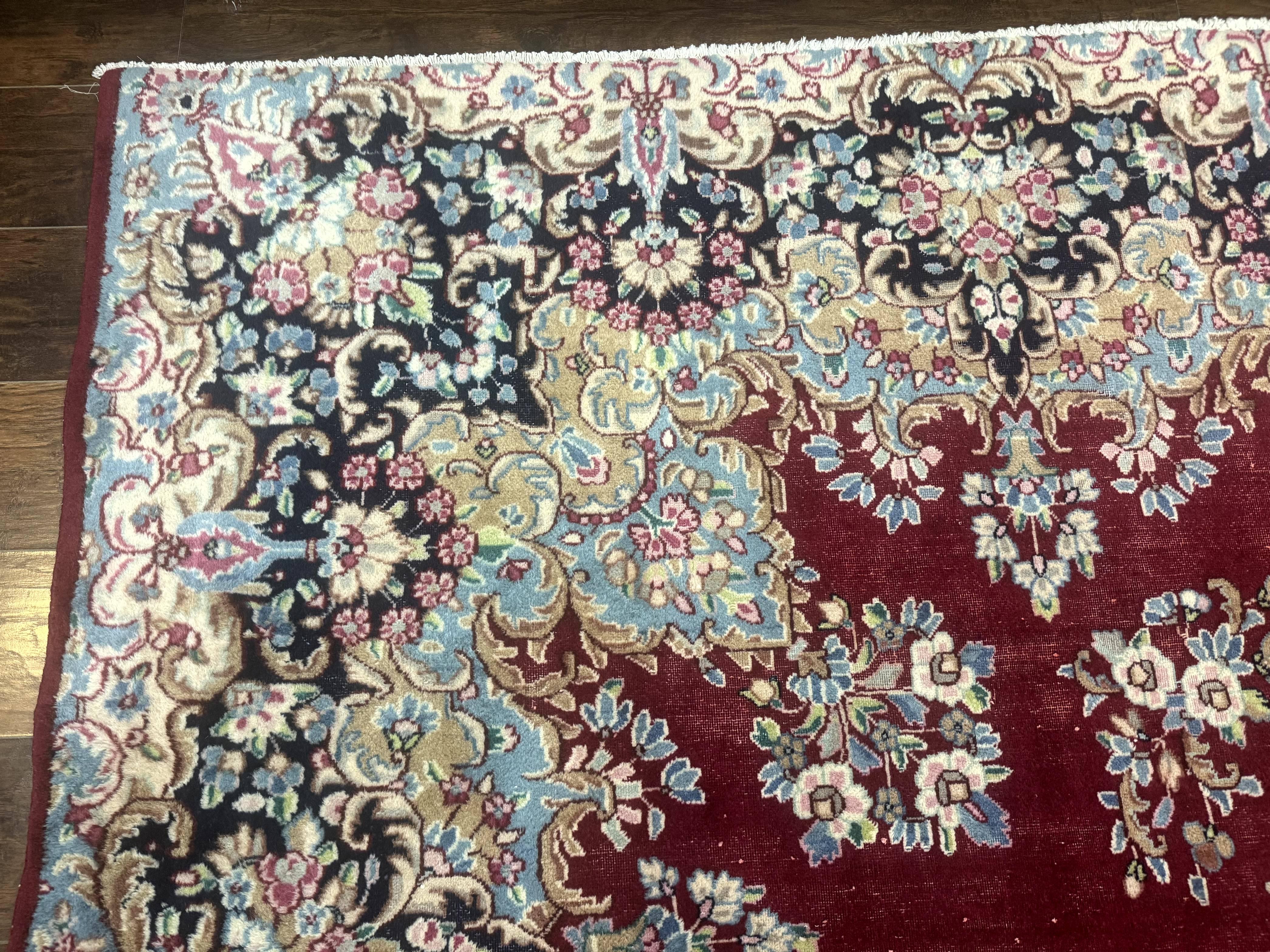 Persian Kerman Rug 10x12, Raspberry Red and Navy Blue, Traditional Persian Carpet - Jewel Rugs