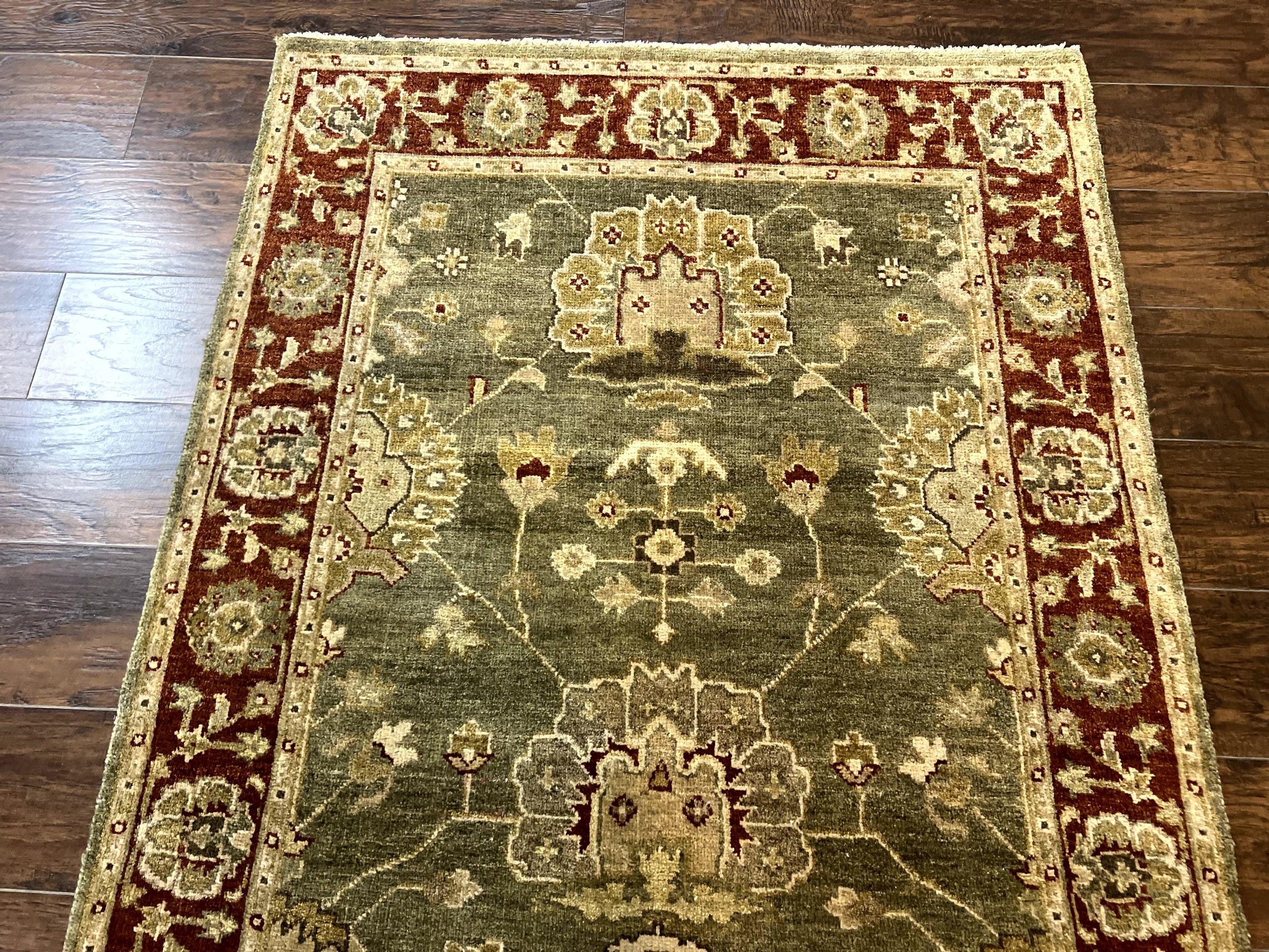 Indo Oushak Rug 4x6, Green and Maroon, Vintage Wool Floral Rug, Indian Agra Rug - Jewel Rugs
