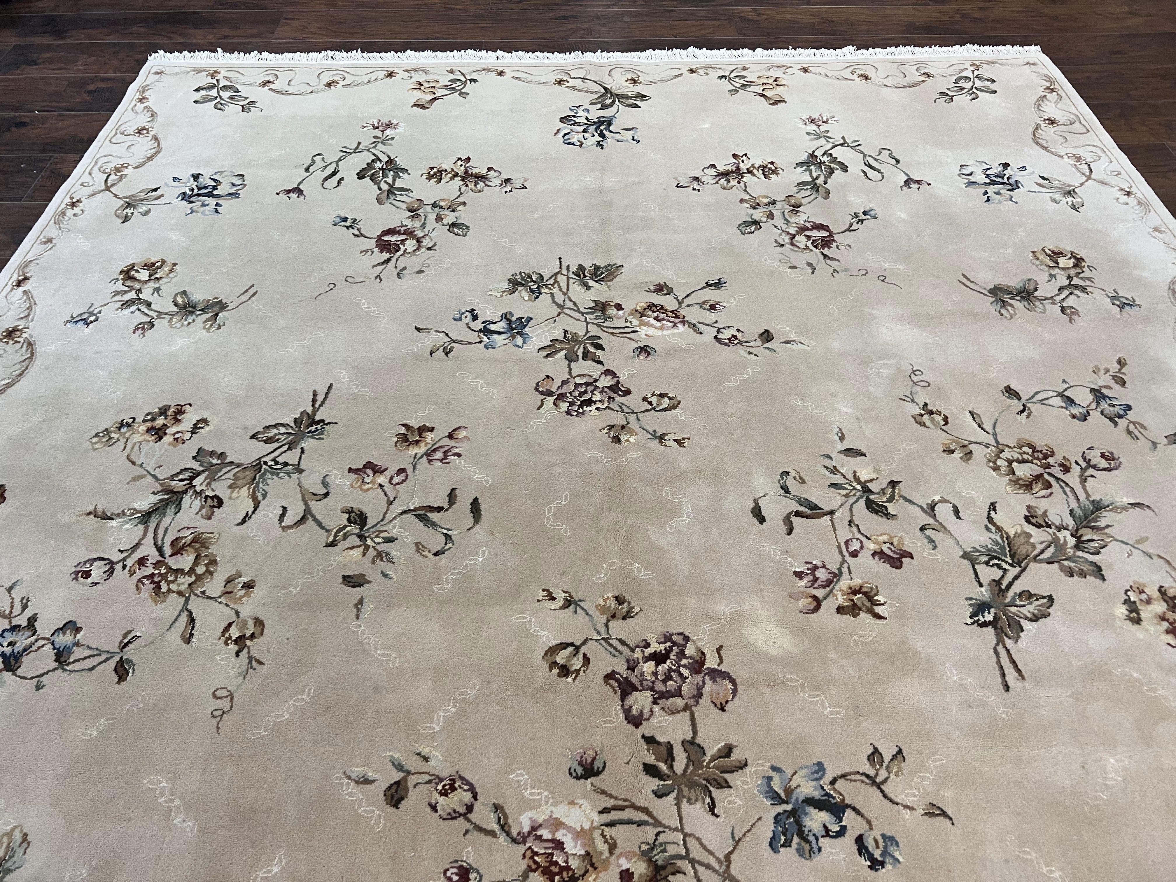 Chinese 120 Line Rug 8x10, Chinese Aubusson Wool & Silk Highlights Handmade Vintage Carpet, Beige Fine Weave Rug, Floral European Design - Jewel Rugs