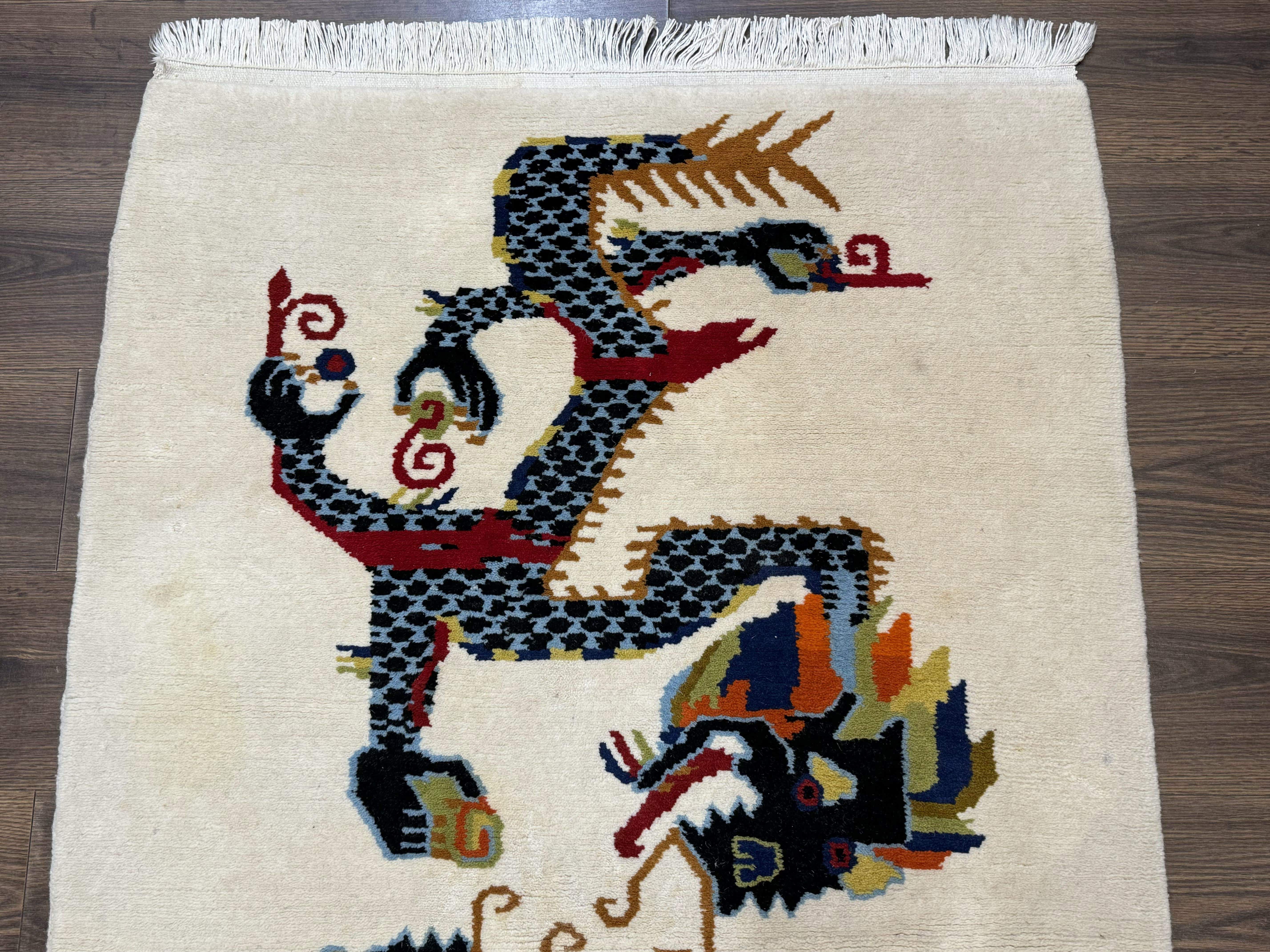 Chinese Double Dragon Rug 3x5 – Ivory, Hand-Knotted Wool Vintage - Jewel Rugs