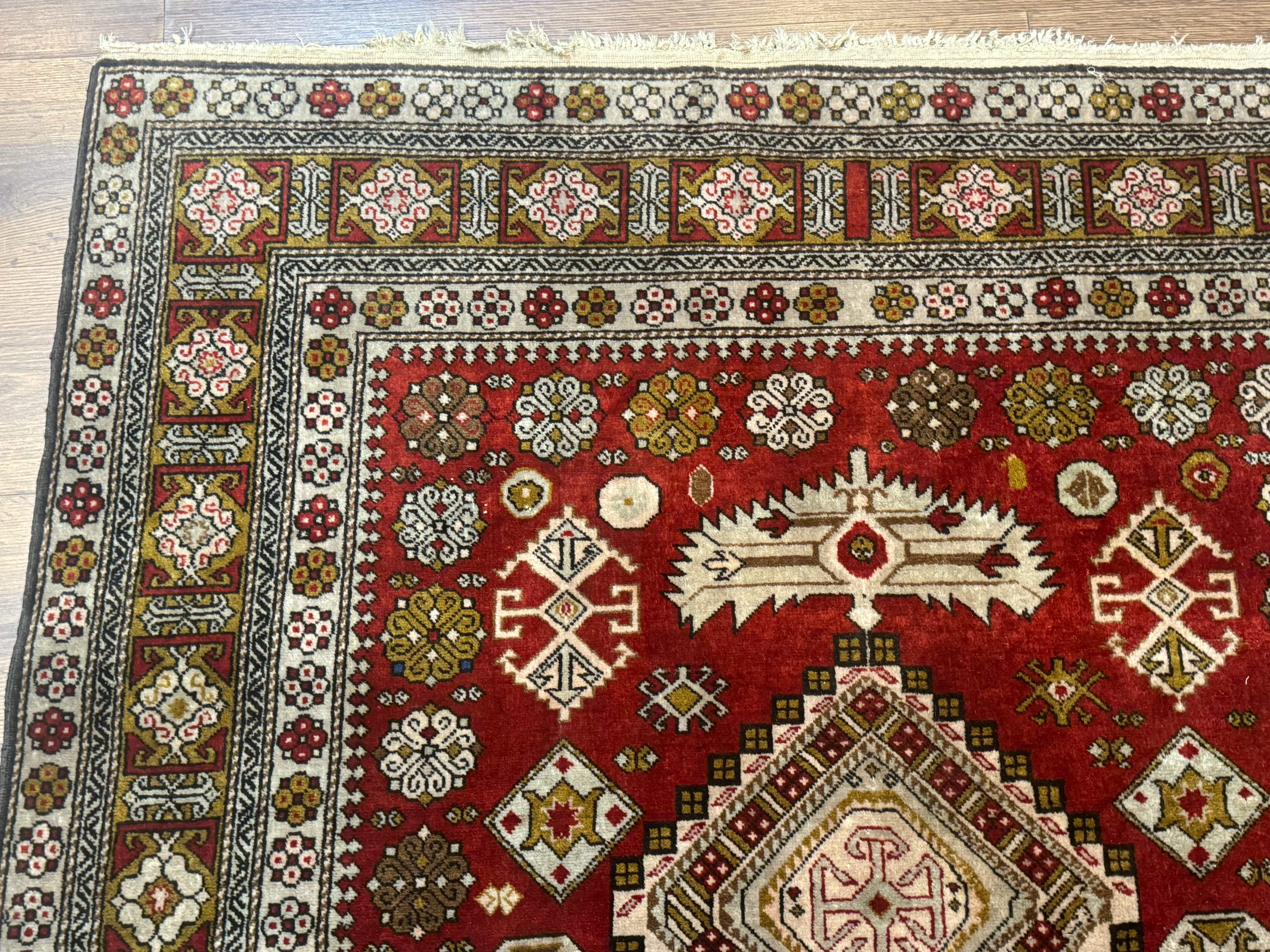 Caucasian Rug 4x6 – Rust Red, Hand-Knotted Wool Shirvan Carpet, Geometric Medallions - Jewel Rugs