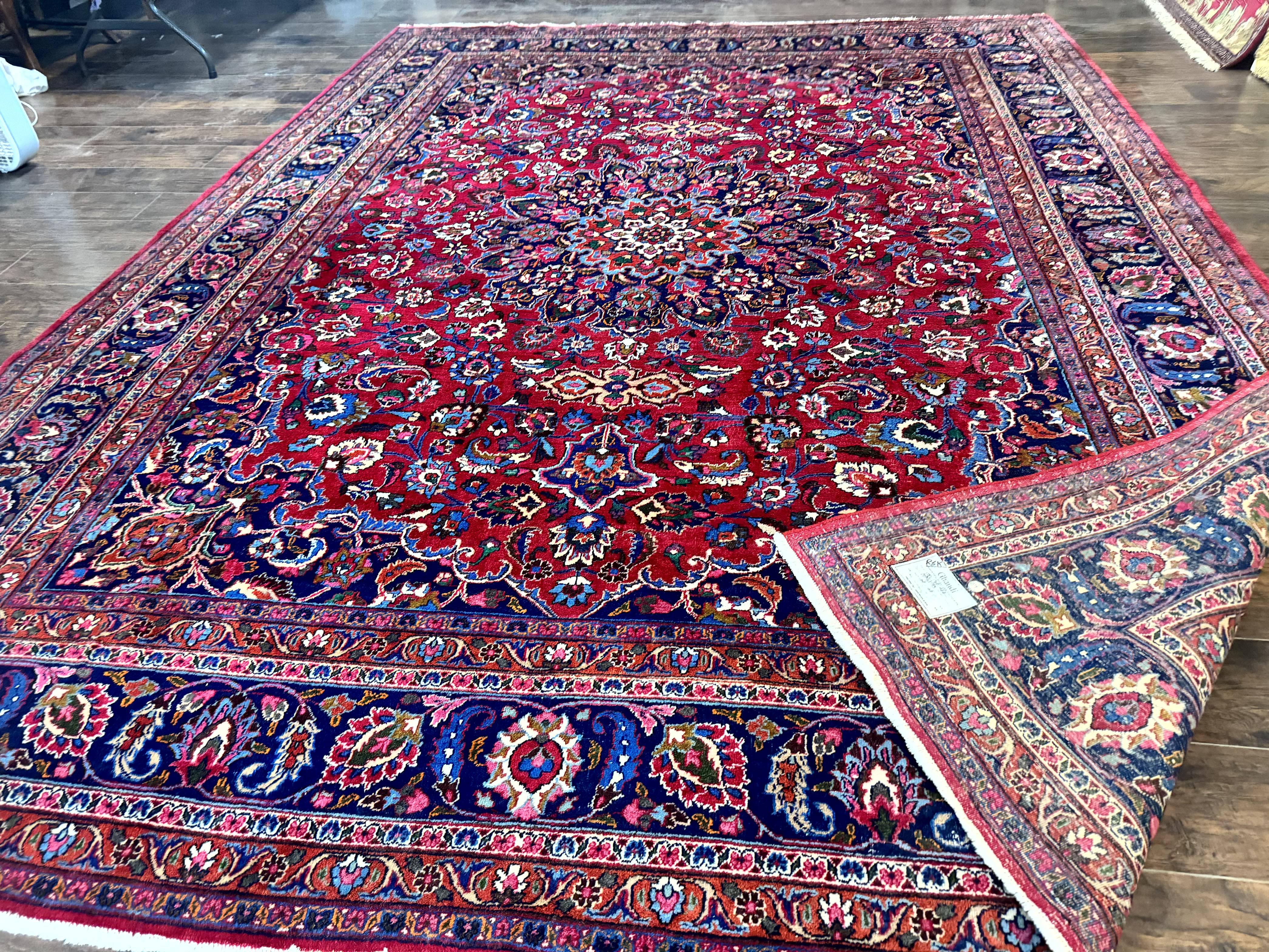 Antique Persian Mashad Rug 10x13, Red and Navy Blue, Great Colors, Signed By Masterweaver, Floral Medallion, Handmade Wool Persian Carpet - Jewel Rugs