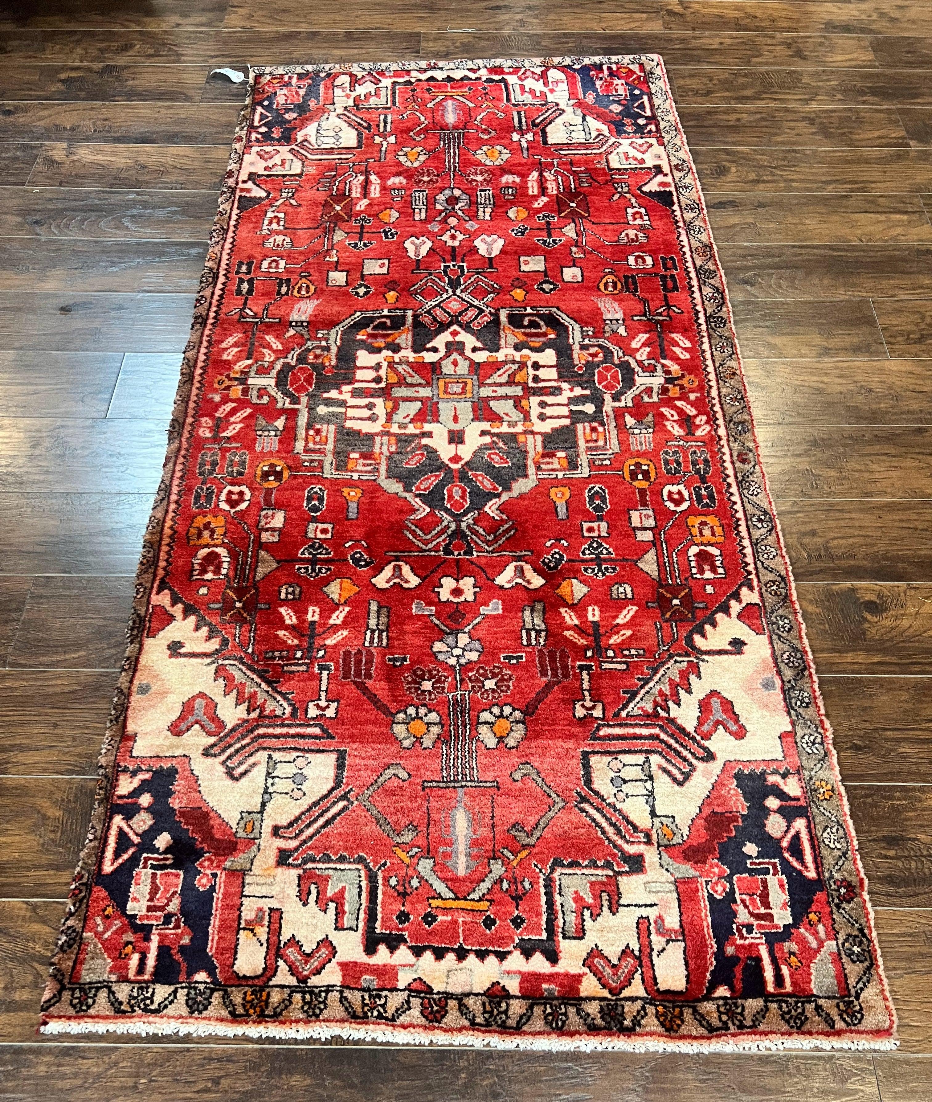 Antique Persian Tribal Rug 4 x 8, Geometric Medallion, Boho Rug, Wool Handmade Rug, Red 4x8 Rug, Persian Hamadan Rug - Jewel Rugs