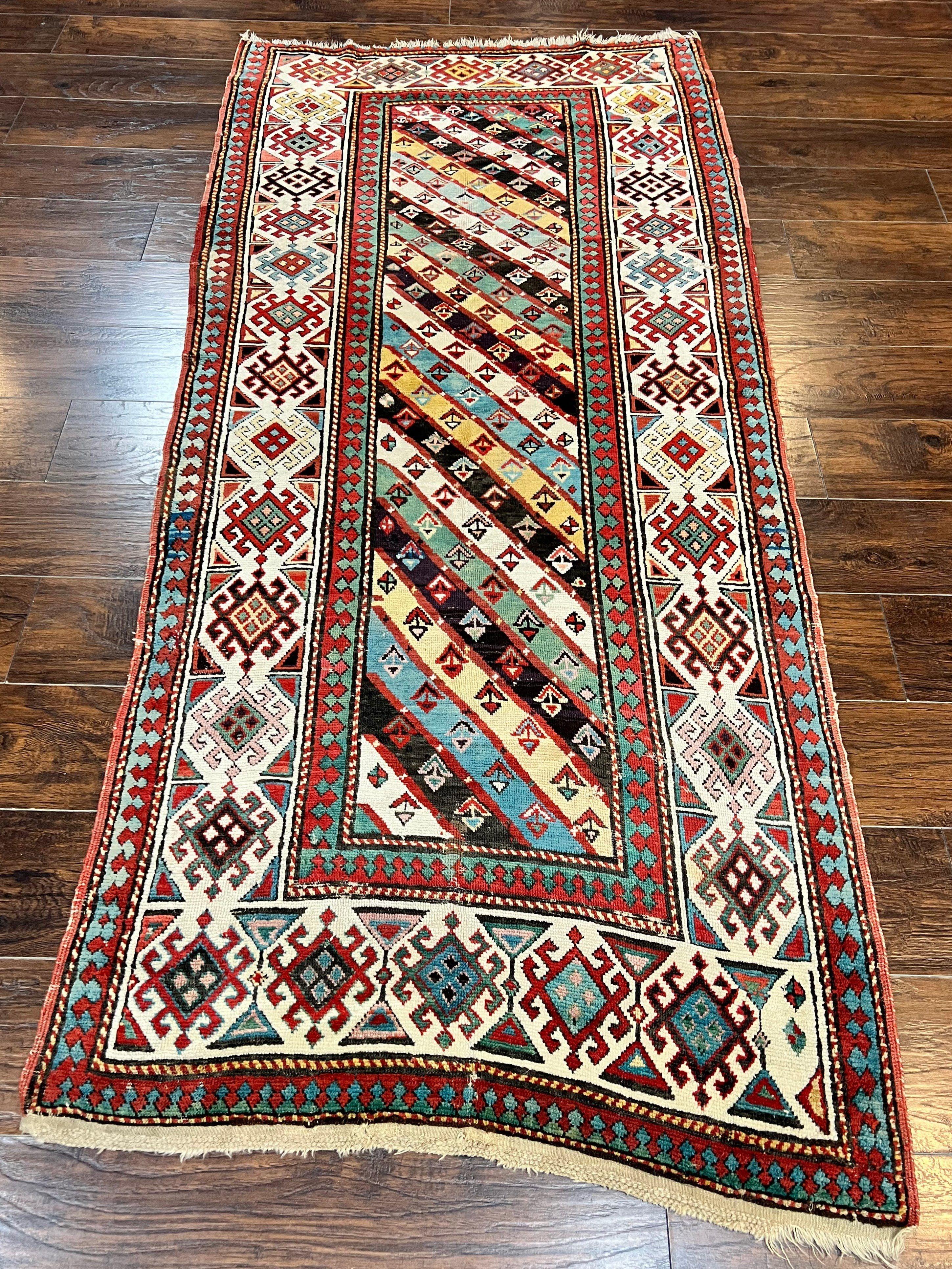 Caucasian Kazak Runner Rug 3.6 x 8, Wool Hand Knotted Antique 1880s Carpet, Ivory & Multicolor Stripes Oriental Runner Rug, Hallway Rug - Jewel Rugs