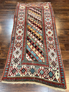 Caucasian Kazak Runner Rug 3.6 x 8, Wool Hand Knotted Antique 1880s Carpet, Ivory & Multicolor Stripes Oriental Runner Rug, Hallway Rug