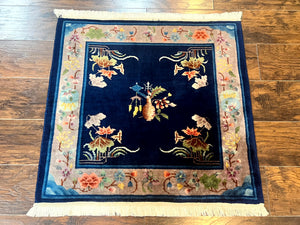 Small Square Chinese Nichols Wool Rug 3x3 ft, Blue, Handmade, Antique