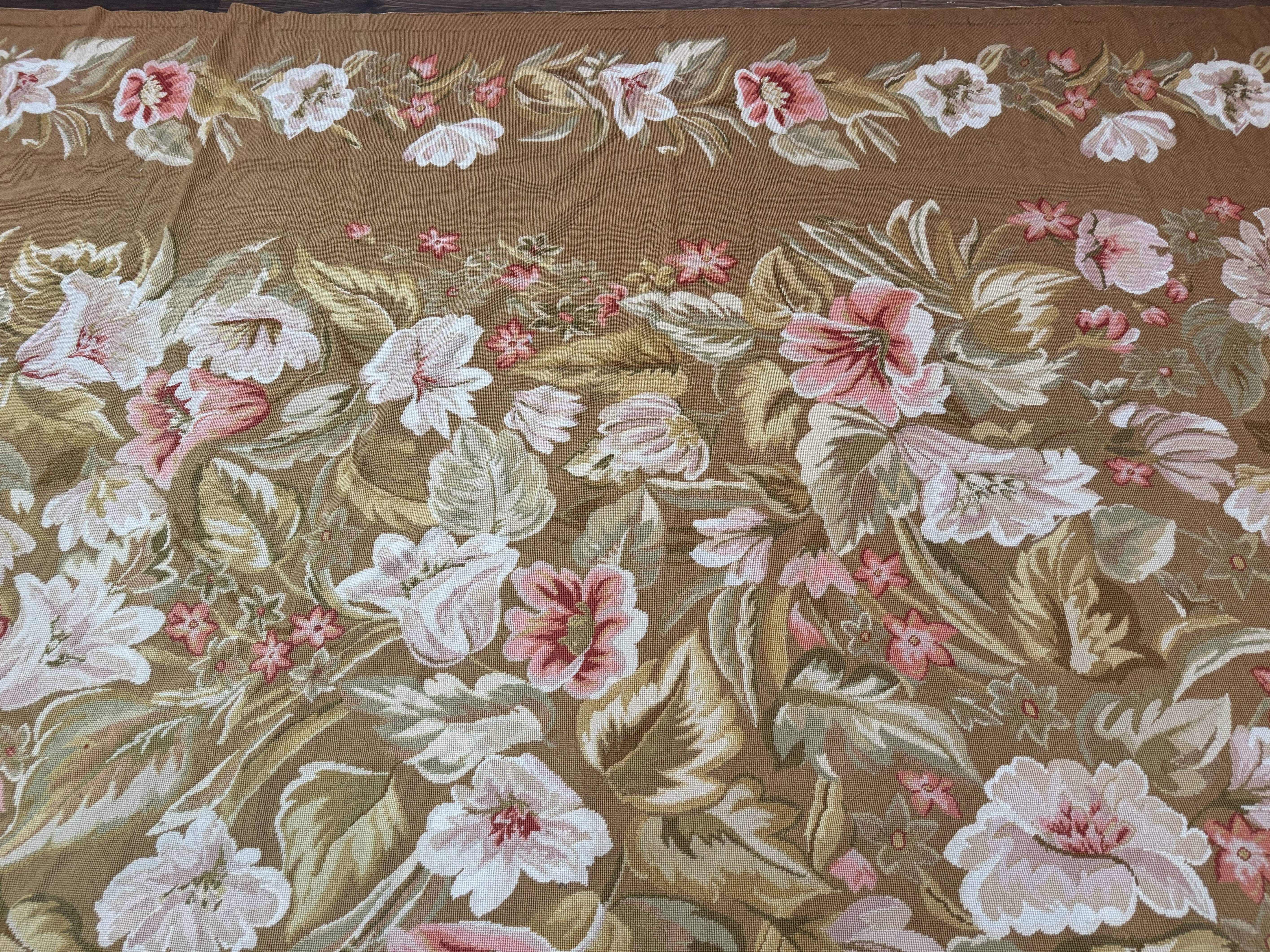 Large Needlepoint Rug 11x14, Vintage Floral Wool Carpet, Caramel - Jewel Rugs