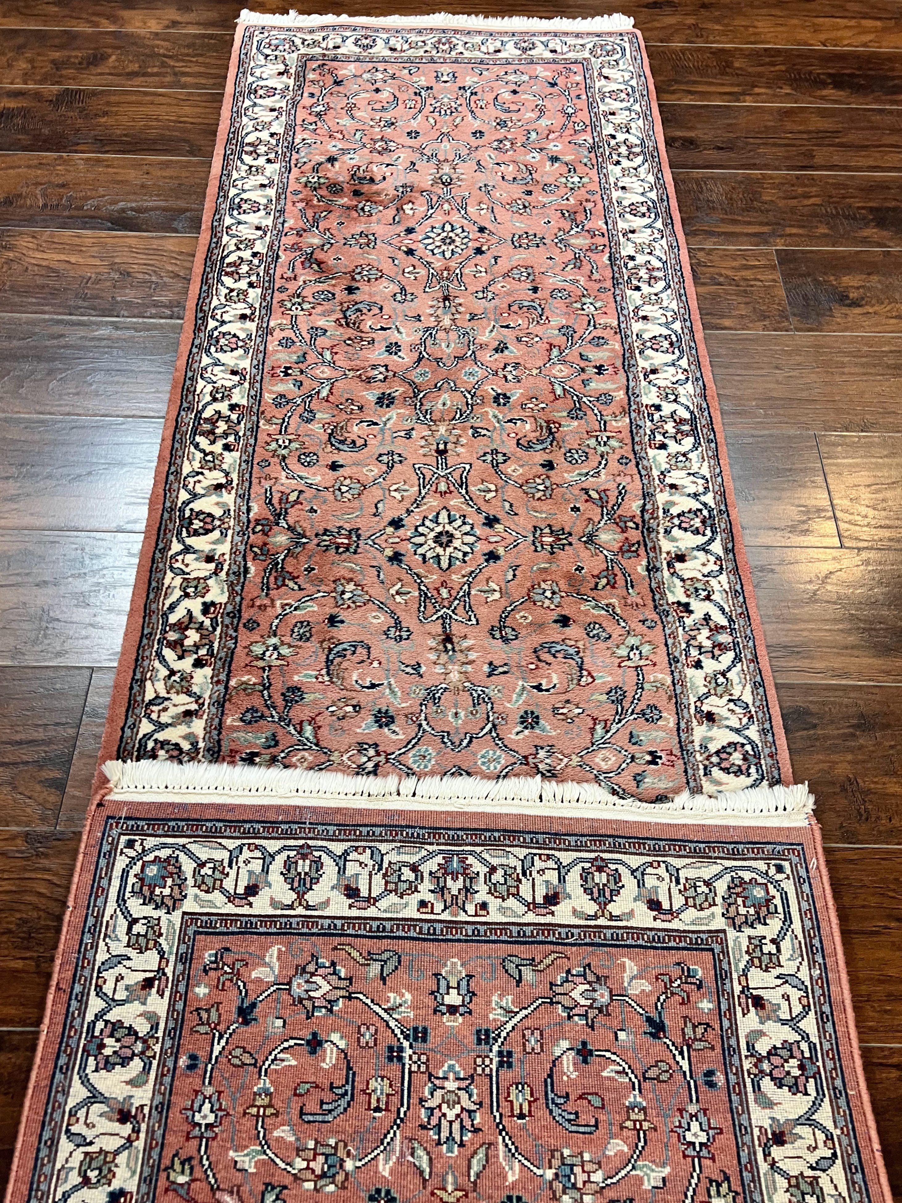 Indo Persian Runner Rug 2.6 x 10, Wool Hand Knotted Vintage Oriental Carpet, Pink & Ivory, Floral Allover, Hallway Rug - Jewel Rugs