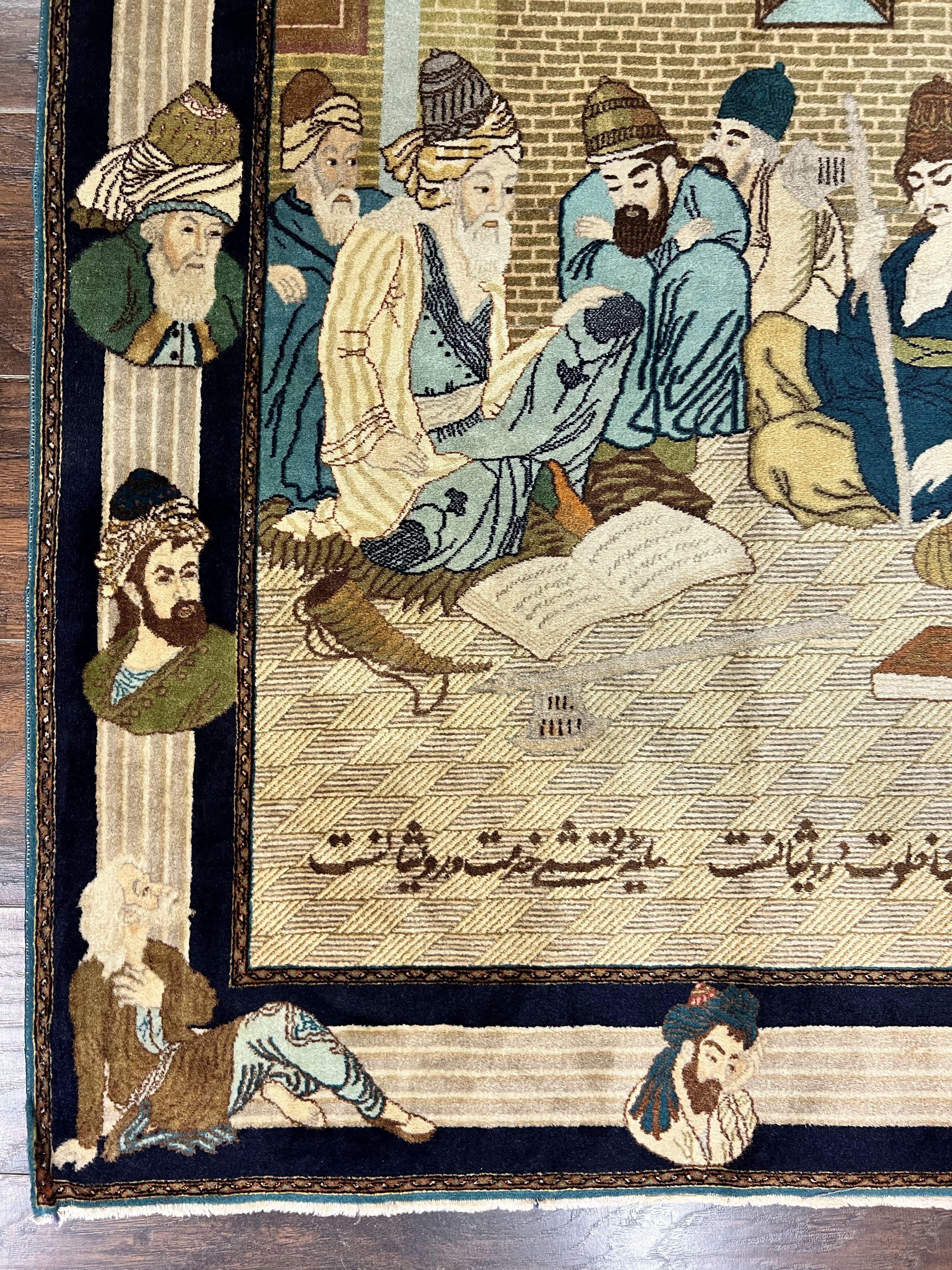 Persian Tabriz Pictorial Rug 3x5, Wall Hanging Carpet, Very Fine 60 Raj 475 KPSI, Hand Knotted Vintage Semi Antique, Wool, Persian Poetry - Jewel Rugs