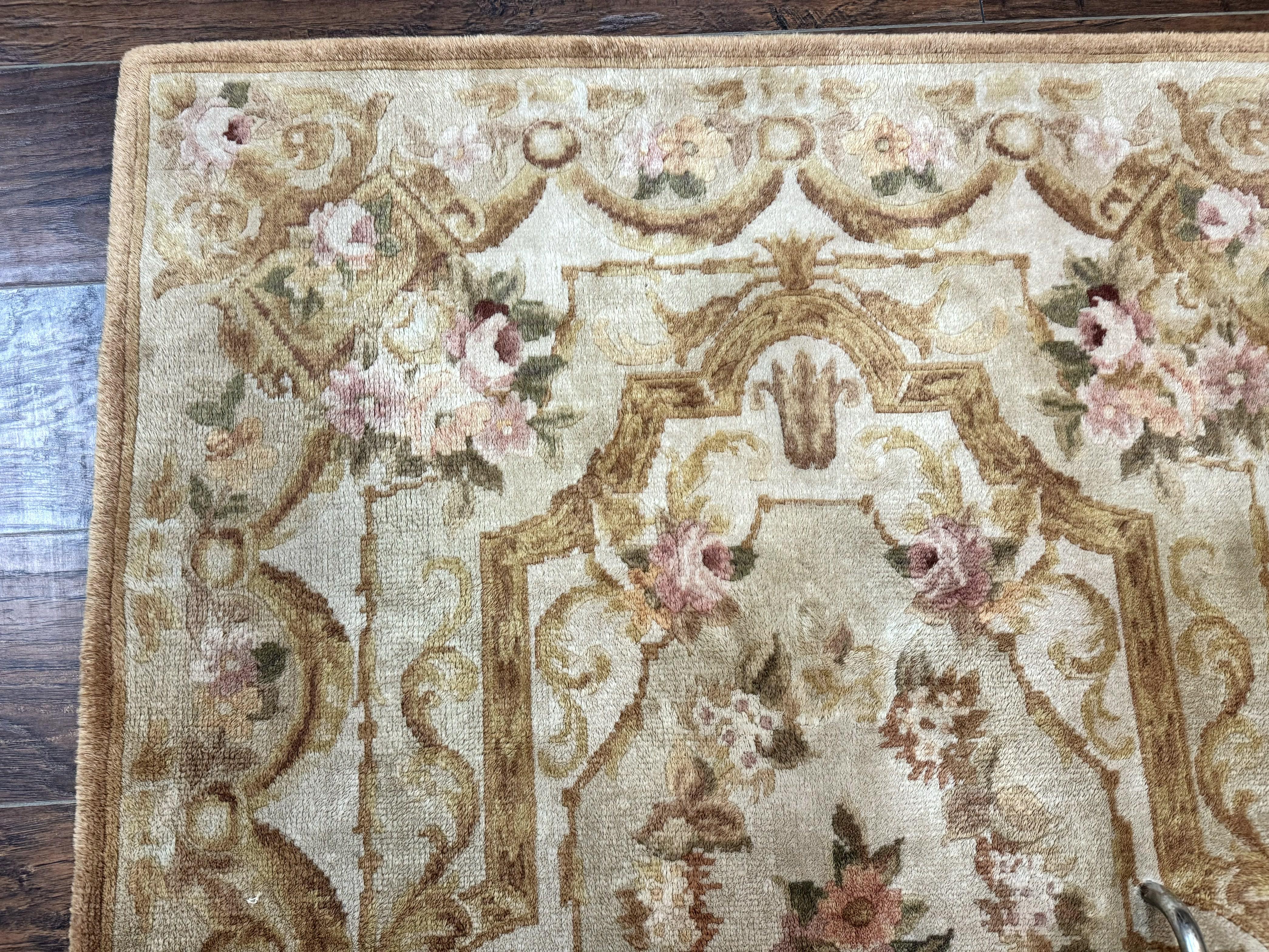 Chinese Aubusson Rug 3.6 x 5, Beige and Gold, Handmade Vintage Elegant European Design Carpet, Plush Wool, Handmade - Jewel Rugs