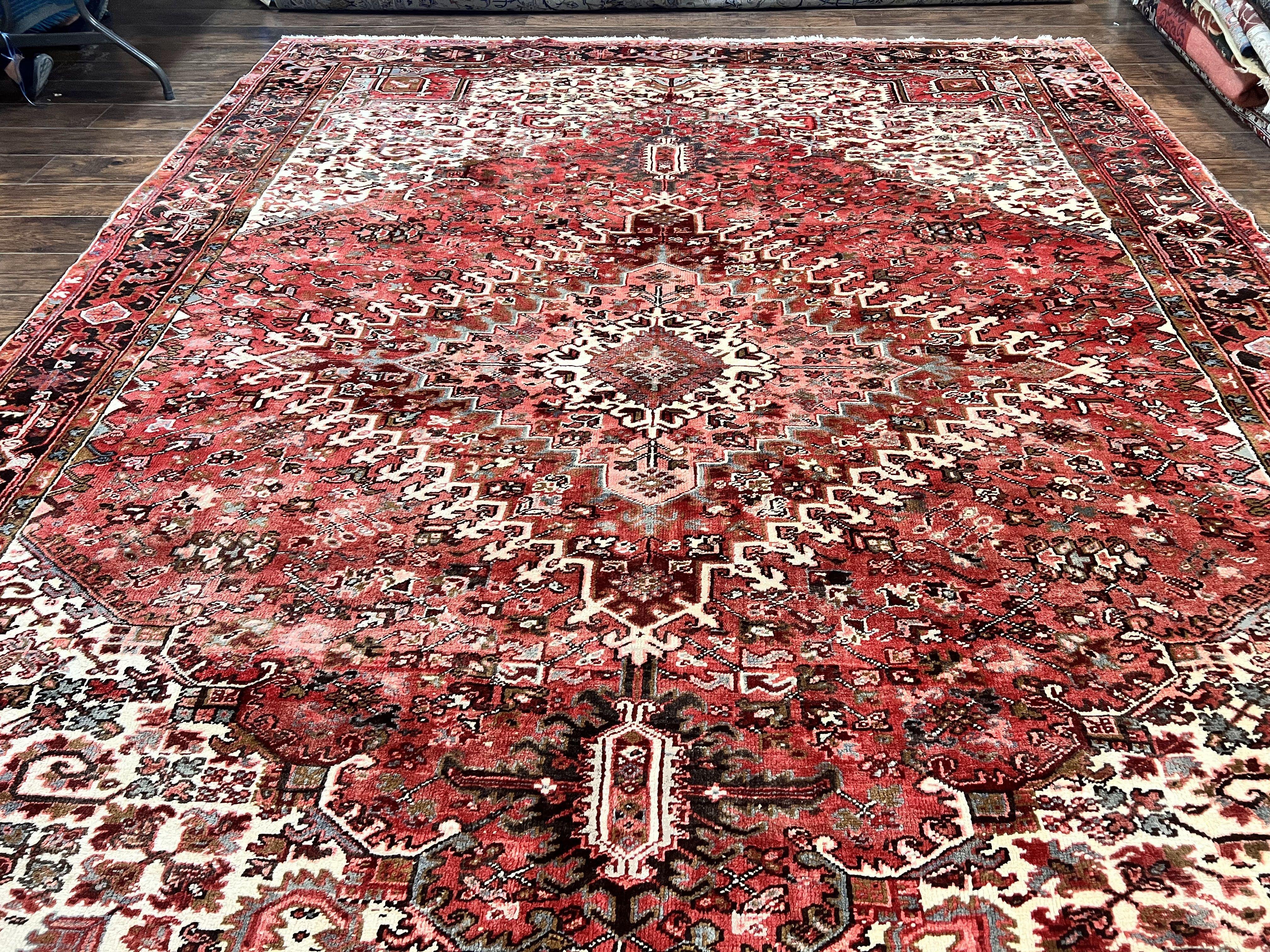 Large Persian Heriz Rug 10x13, Red and Cream Geometric Tribal Room Sized Handmade Wool Hand Knotted Semi Antique Decorative Oriental Carpet - Jewel Rugs