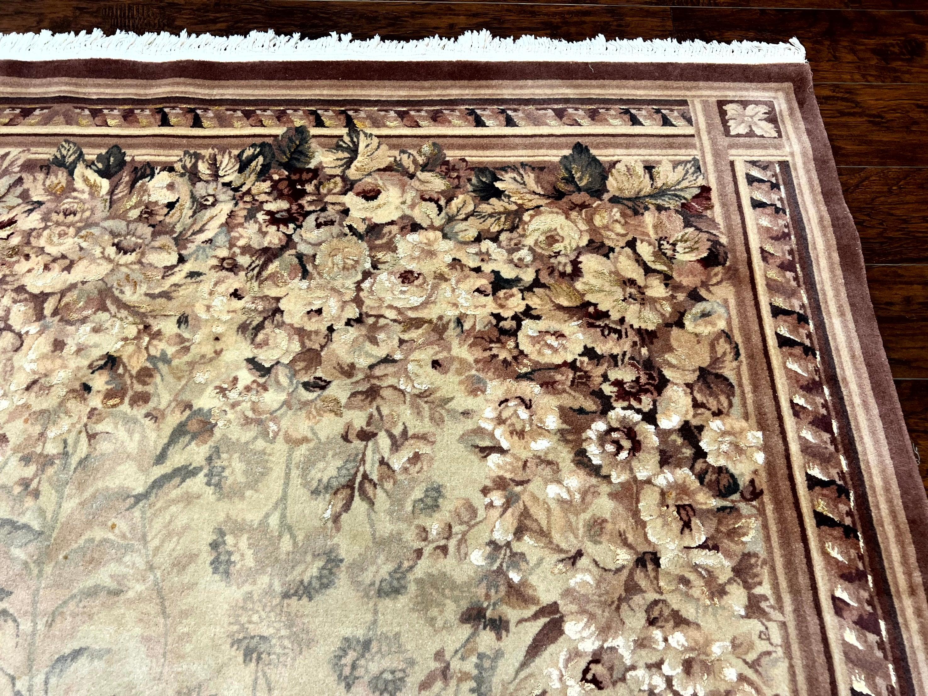 Aubusson Wool Rug 9x11, Wool with Silk Highlights, European Design, Vintage, Handmade, Floral, Fine 210 KPSI - Jewel Rugs