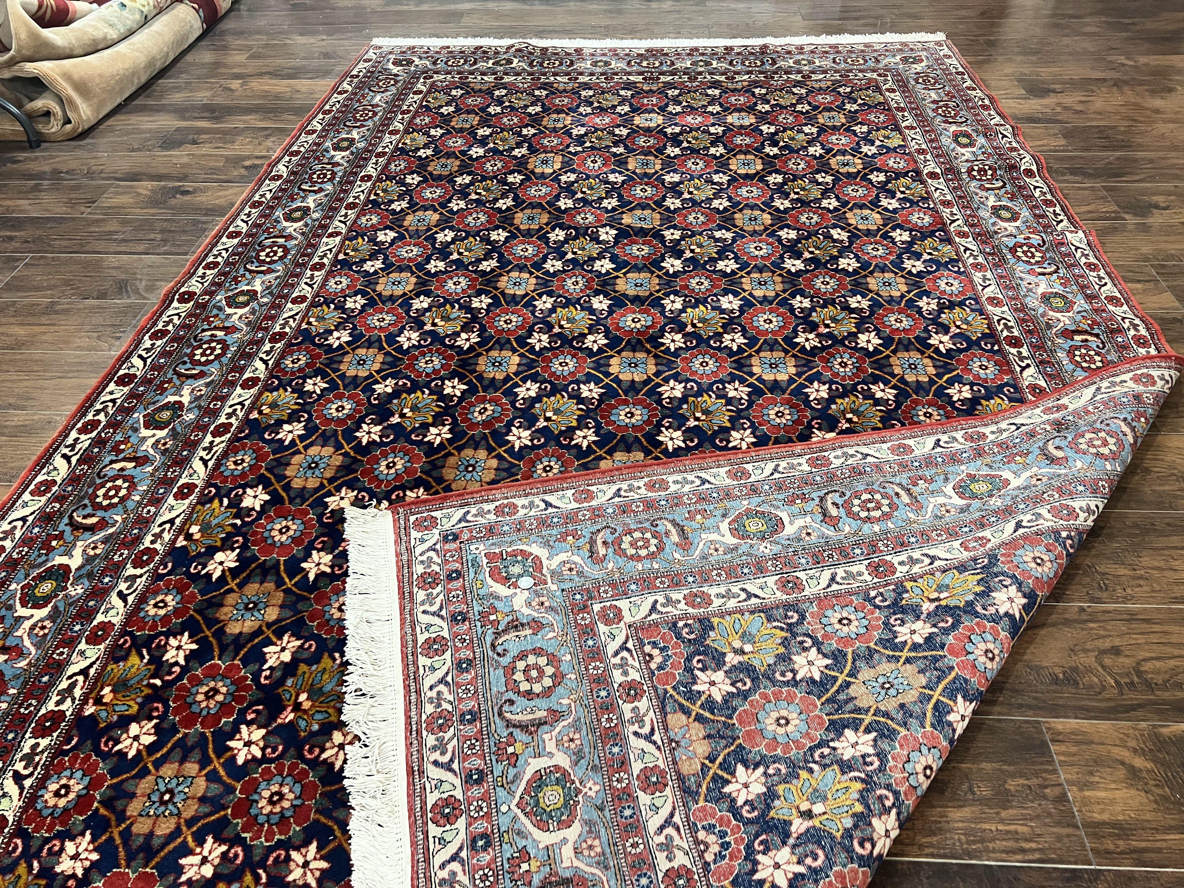 Persian Veramin Rug 7x11, Repeated Allover Pattern, Handmade Vintage Carpet, Navy Blue - Jewel Rugs