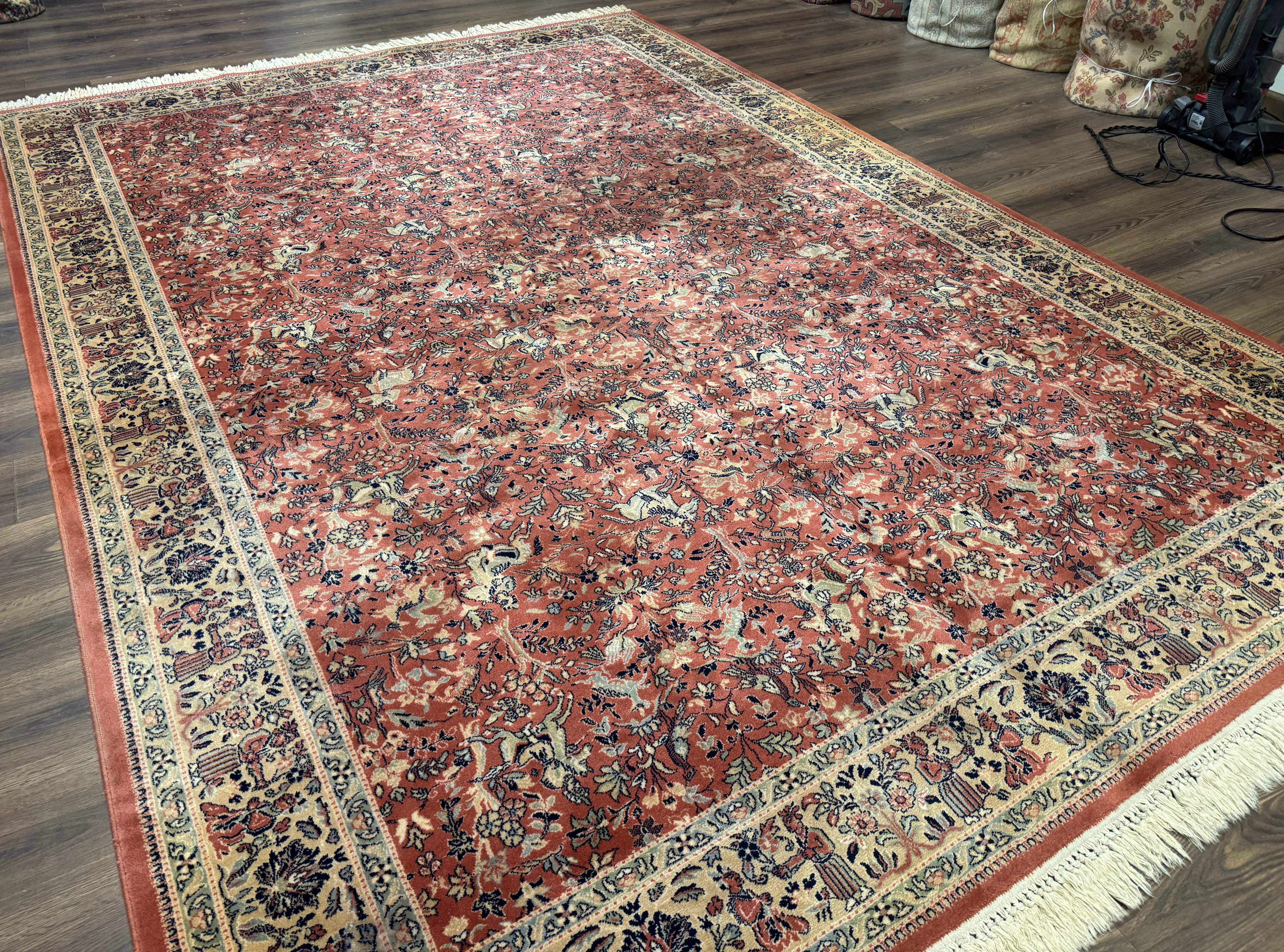 Persian Area Rug 8 x 11.6, Wool, Royal Hunting Scene, Vintage Couristan Rug, Red, Allover Pattern, Belgium Power Loomed - Jewel Rugs