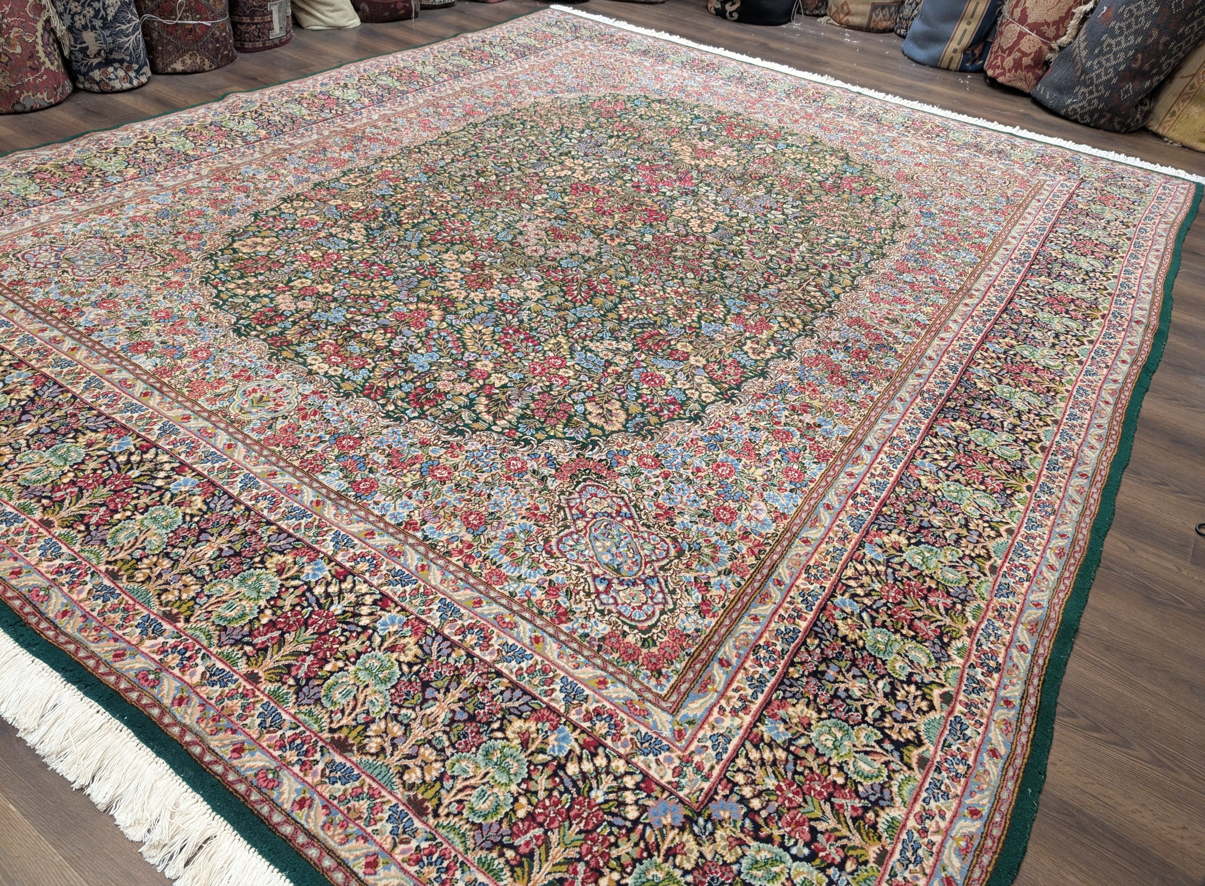 Persian Kirman Rug 10x12, Millefleur, Hand-Knotted Wool Carpet, Dark Green Multicolor - Jewel Rugs