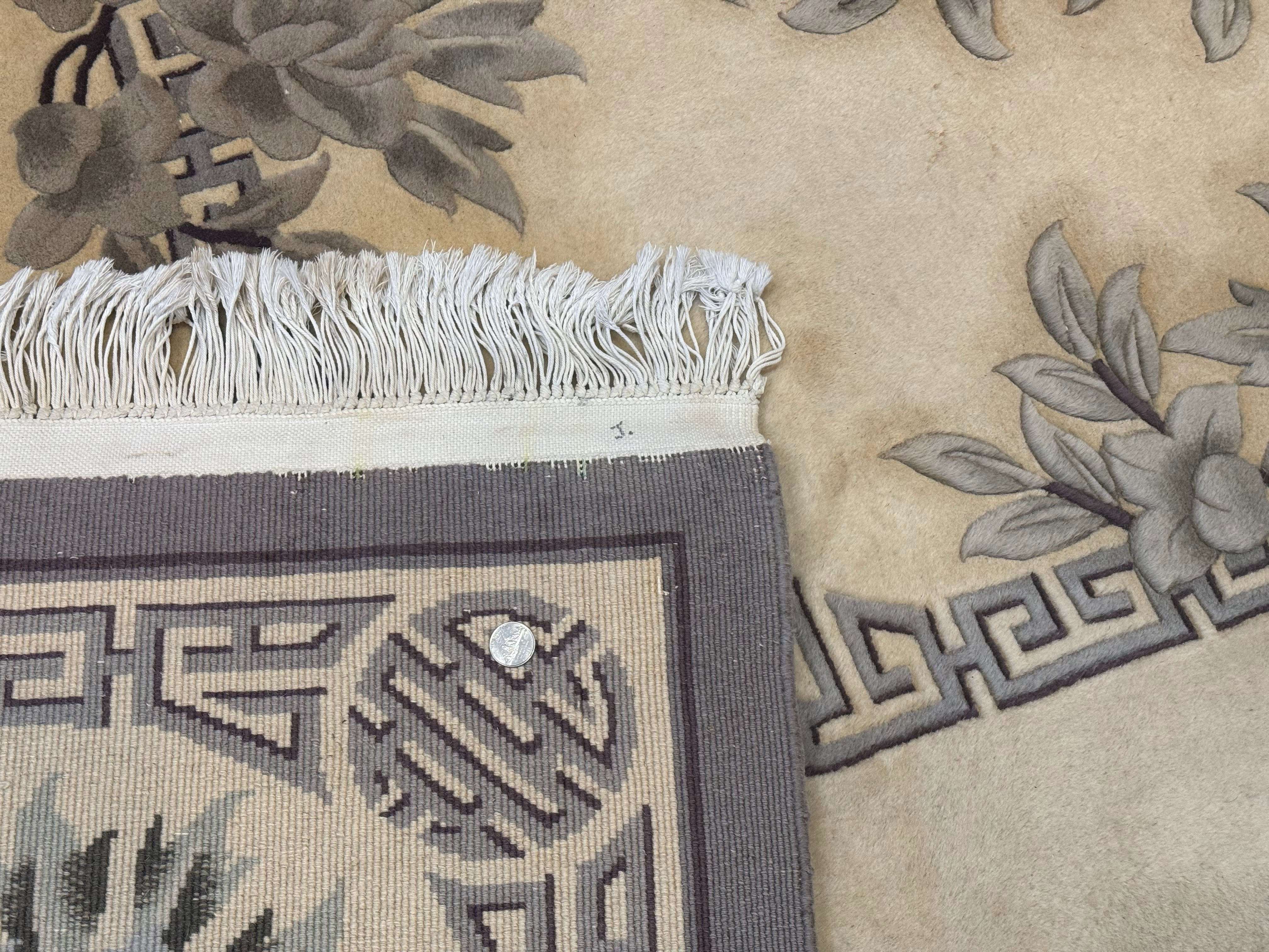 Chinese Wool Rug 9x12, Carving 90 Line Carpet, Floral, Cream and Green - Jewel Rugs