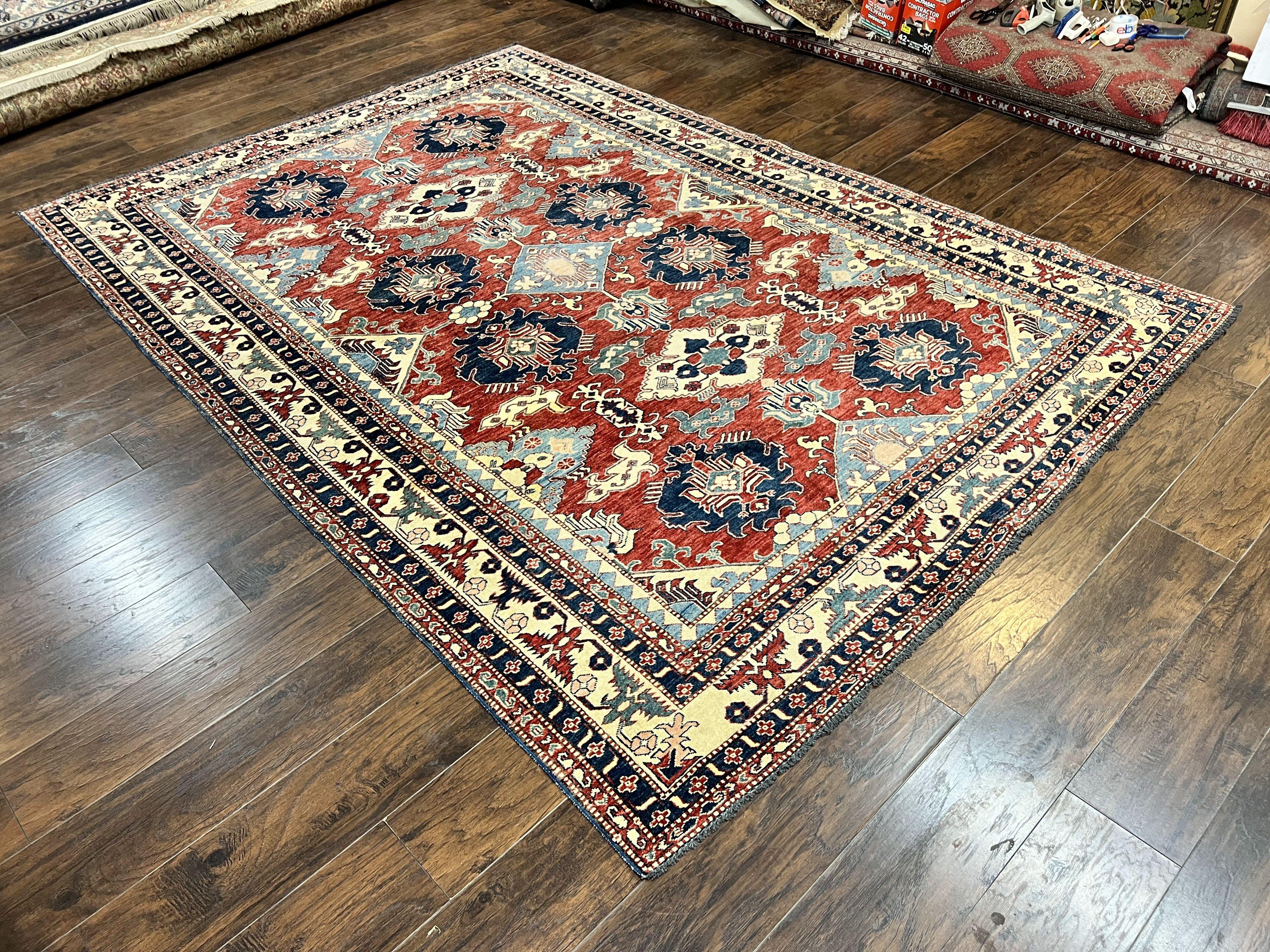 Turkish Heriz Rug 7x10, Wool Hand Knotted Handmade Room Sized Oriental Carpet, Red & Ivory, Vintage Geometric Oriental Rug 7 x 10 ft - Jewel Rugs