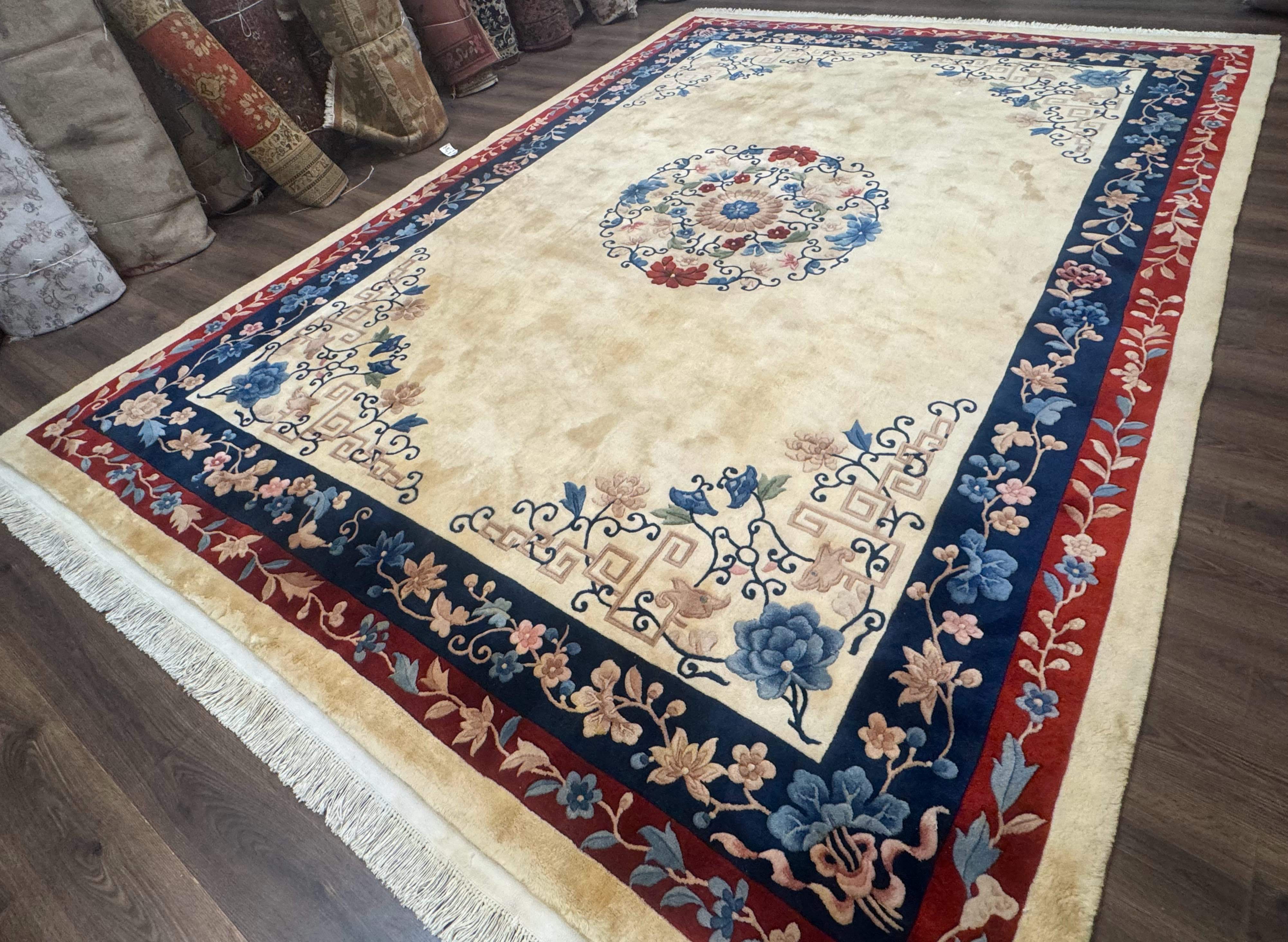 Chinese Rug 10x14 – Cream and Navy, 90 Line Vintage Wool Carpet - Jewel Rugs
