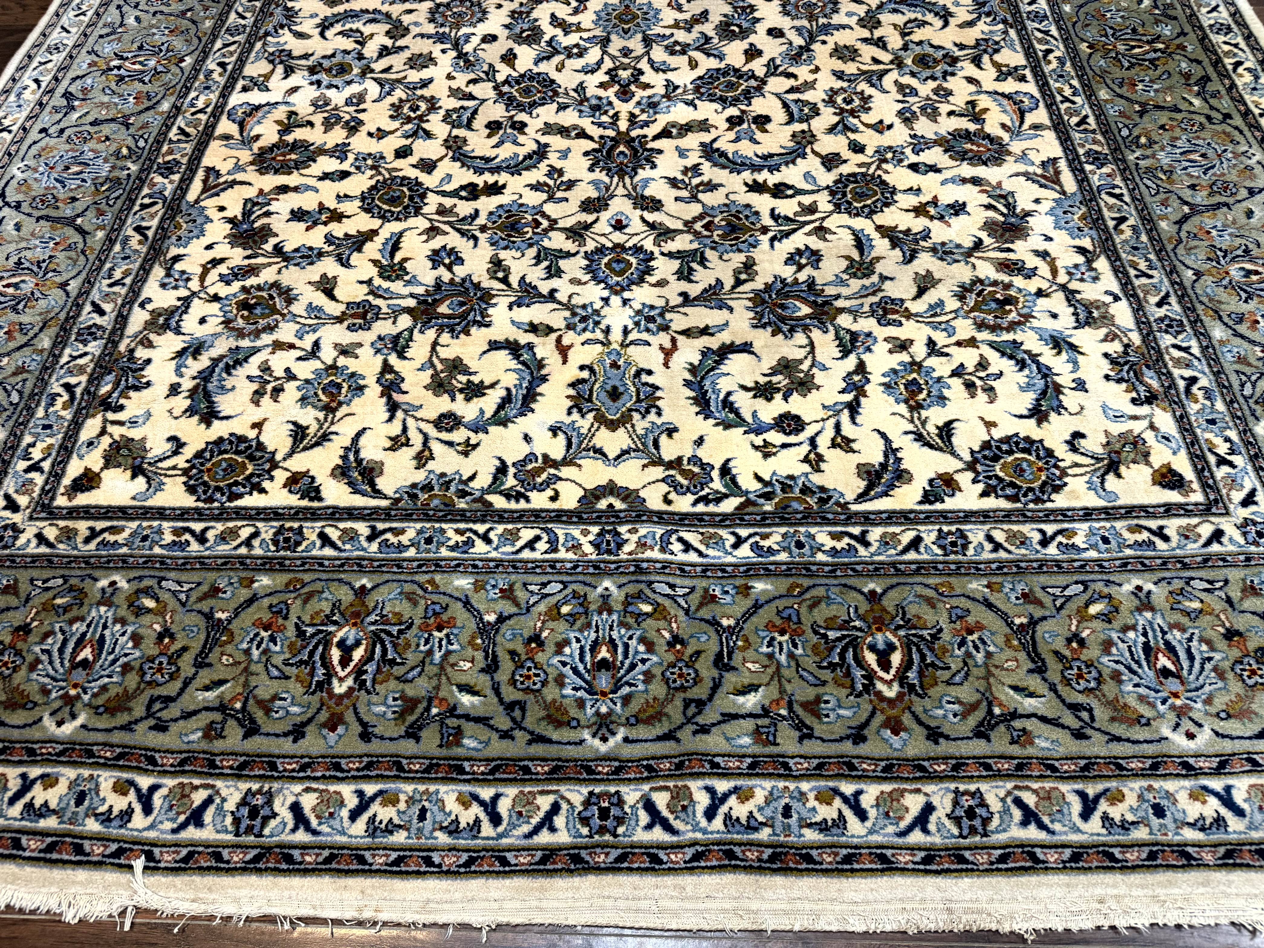 Persian Kashan Rug 8x11, Ivory Blue Green, Floral Allover, Signed By Masterweaver - Jewel Rugs