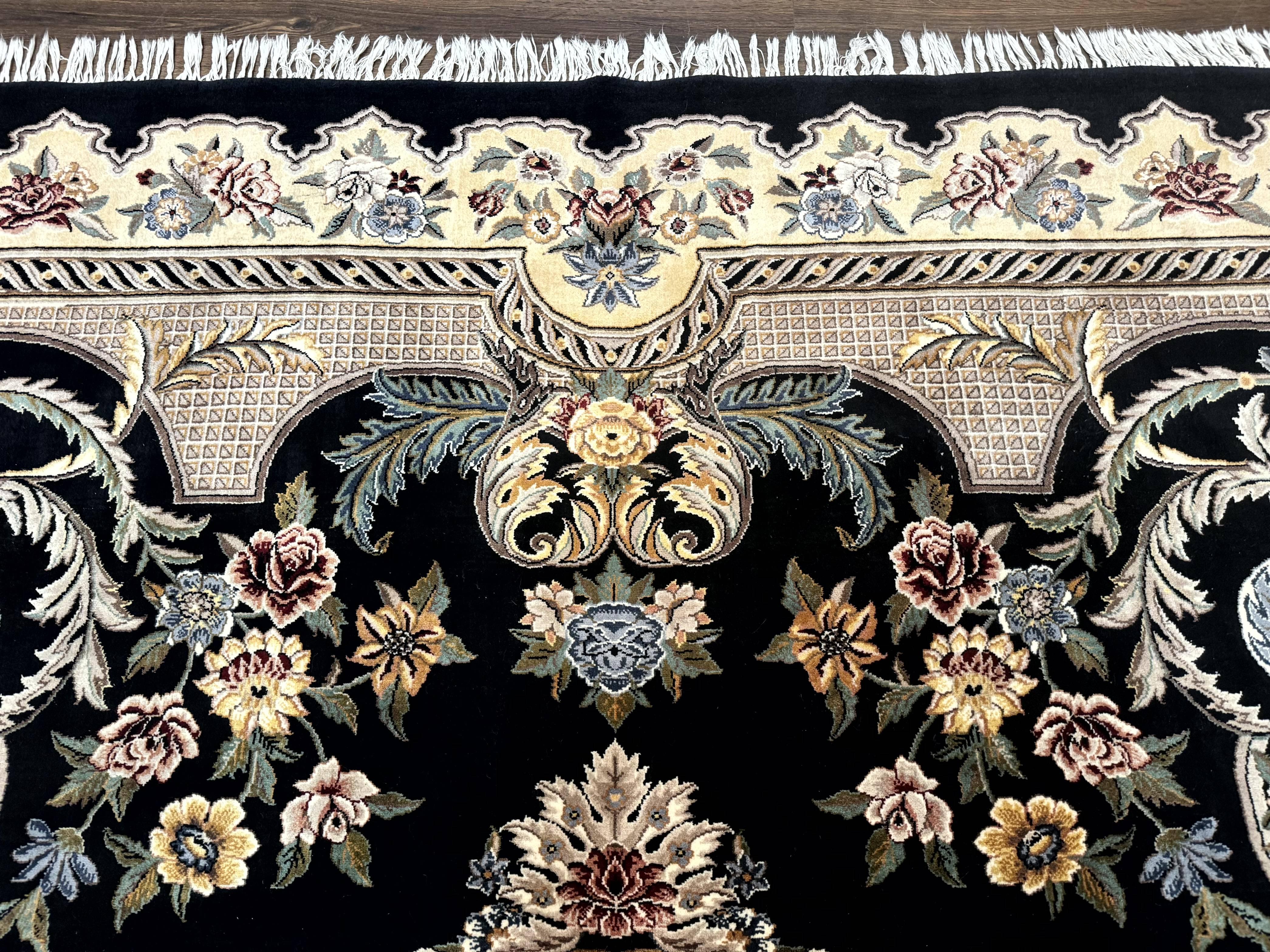 Aubusson Rug 9x12, Black and Beige, Floral, Elegant Handmade French European Design Carpet - Jewel Rugs