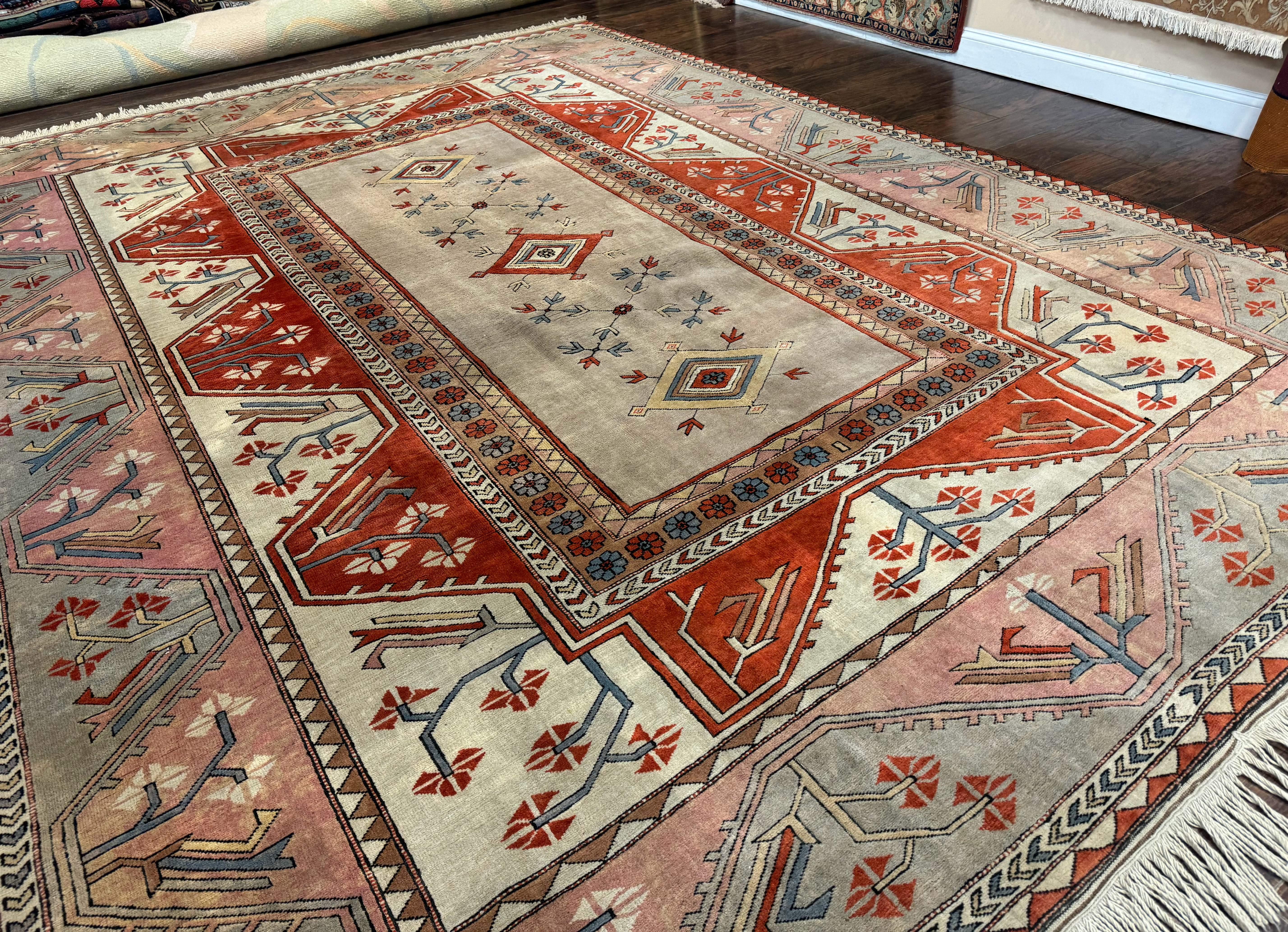 Large Turkish Milas Rug 10x13, Gray, Vintage, Wool on Wool - Jewel Rugs