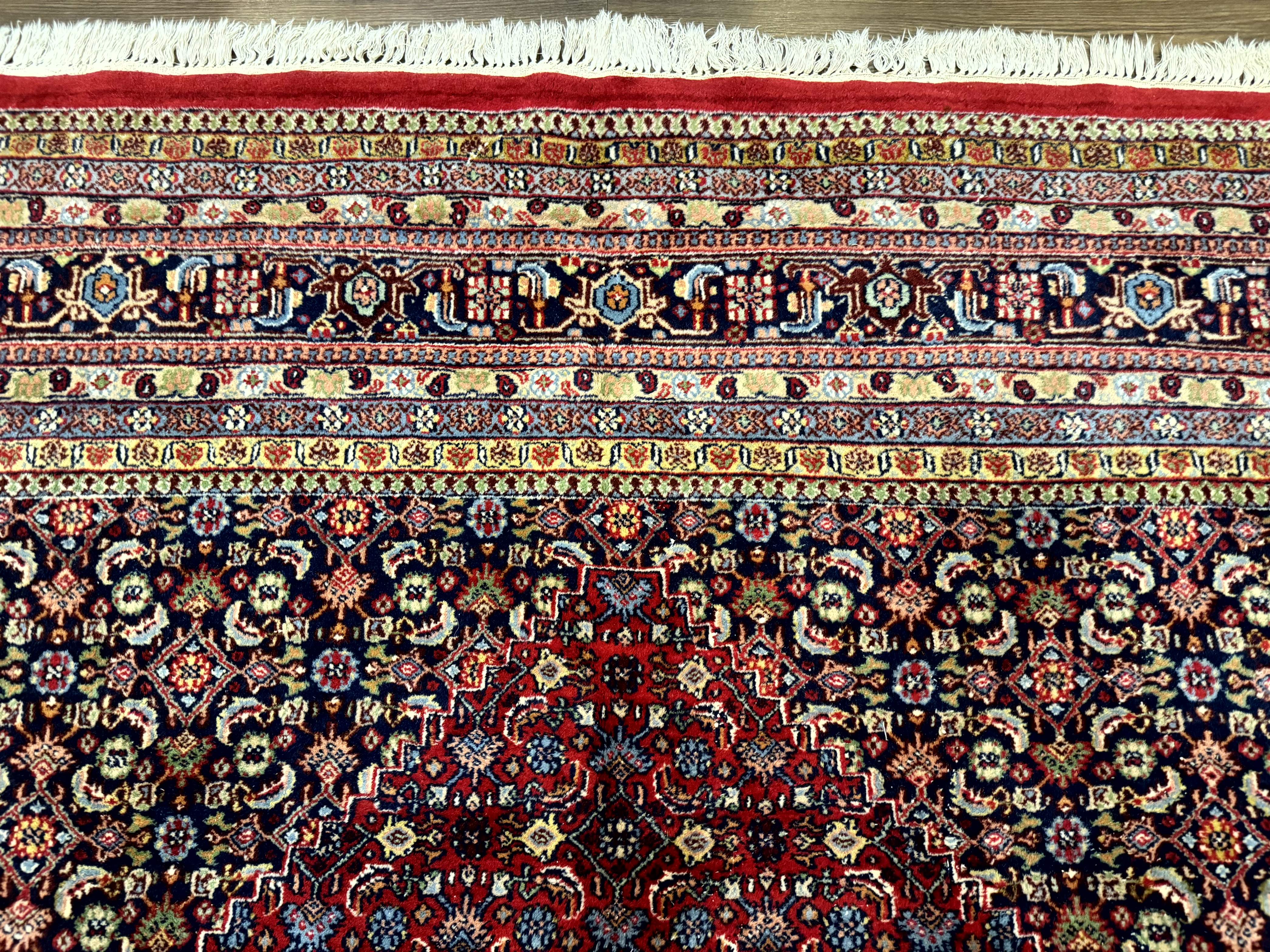Indo Persian Bidjar Rug 10x14, Red and Dark Blue, Herati Mahi Pattern, Vintage - Jewel Rugs