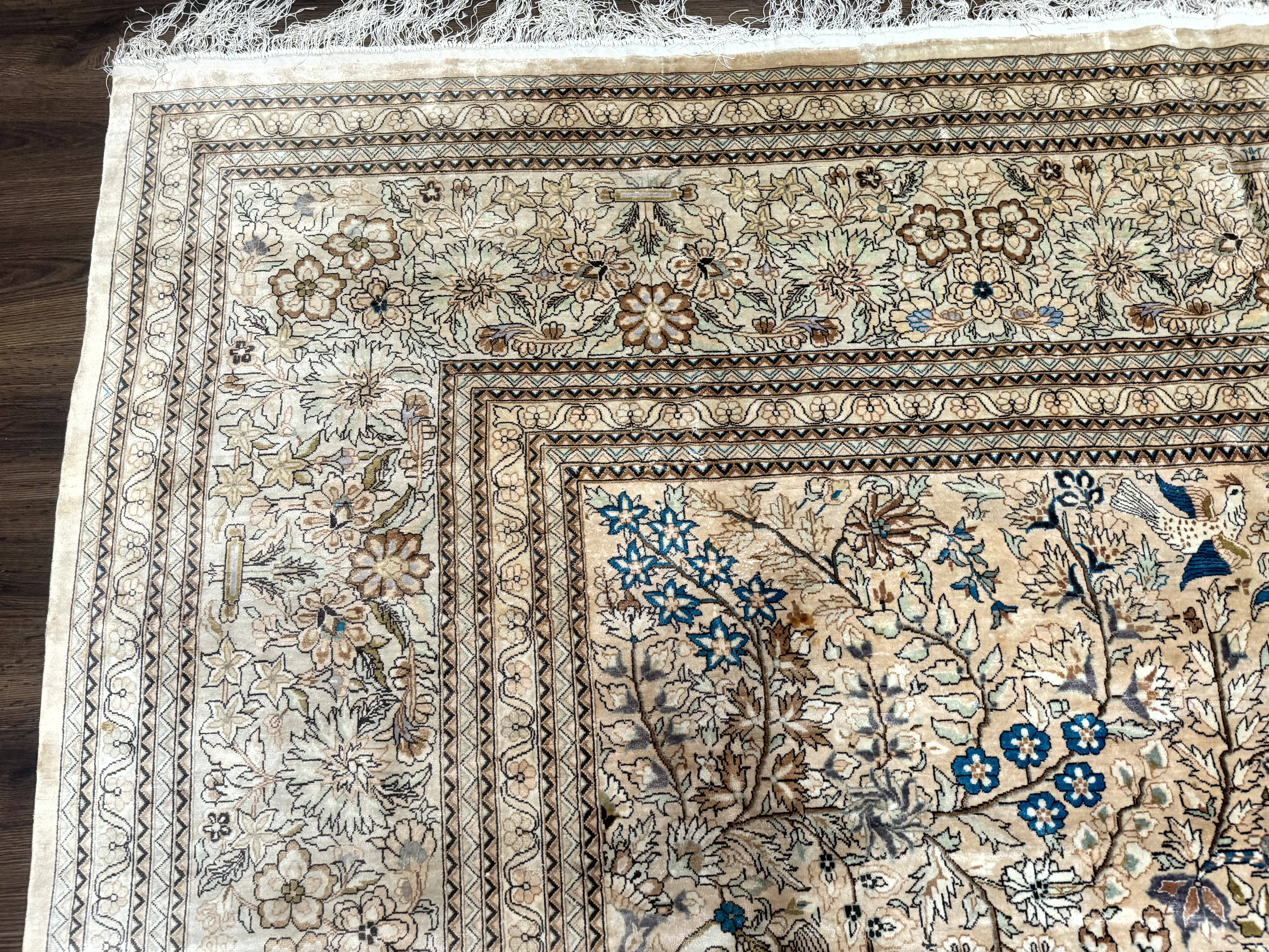 Indian Kashmiri Rug 9x14 Tree of Life Silk on Silk Animal Pictorials - Jewel Rugs