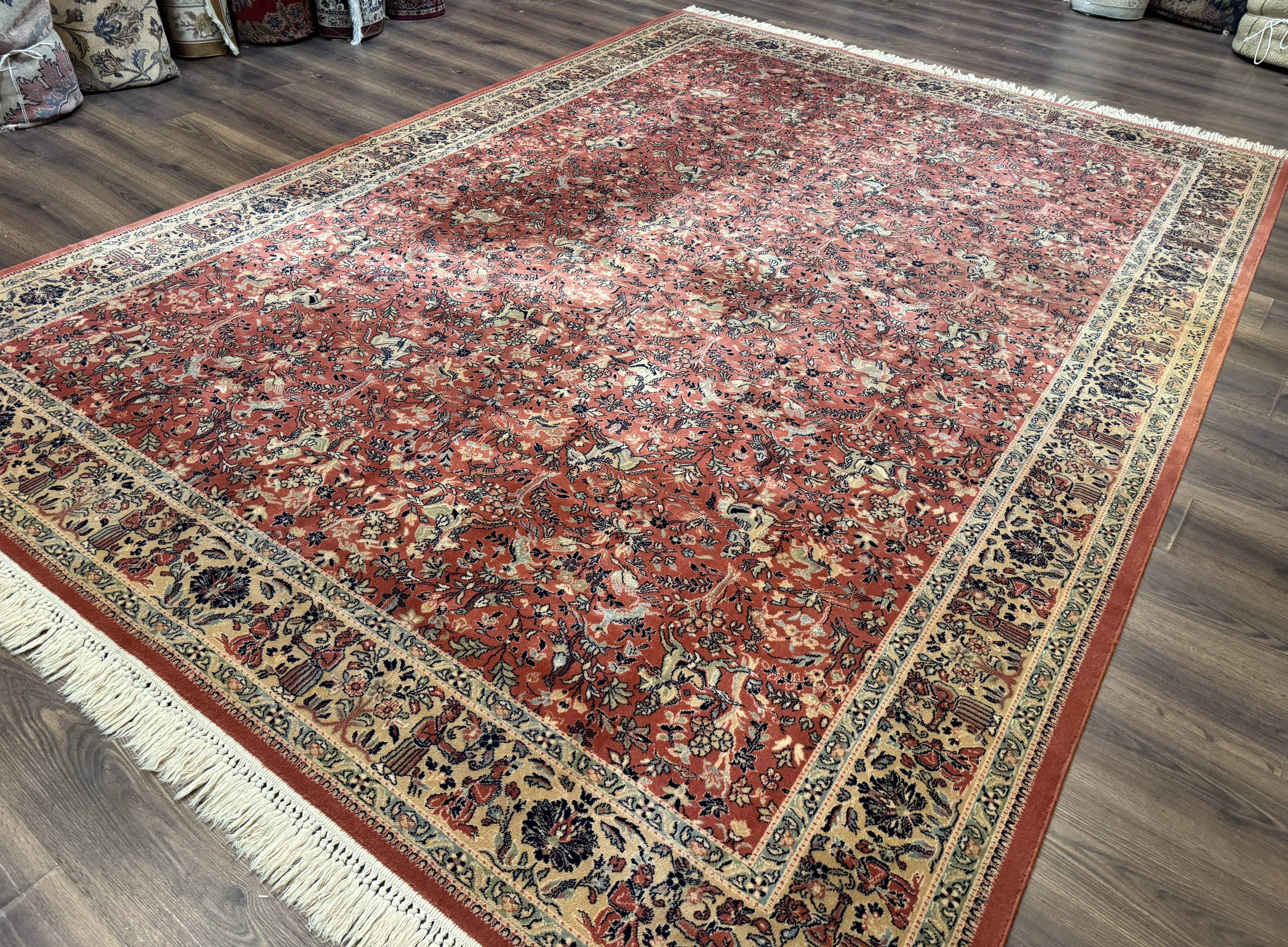 Persian Area Rug 8 x 11.6, Wool, Royal Hunting Scene, Vintage Couristan Rug, Red, Allover Pattern, Belgium Power Loomed - Jewel Rugs