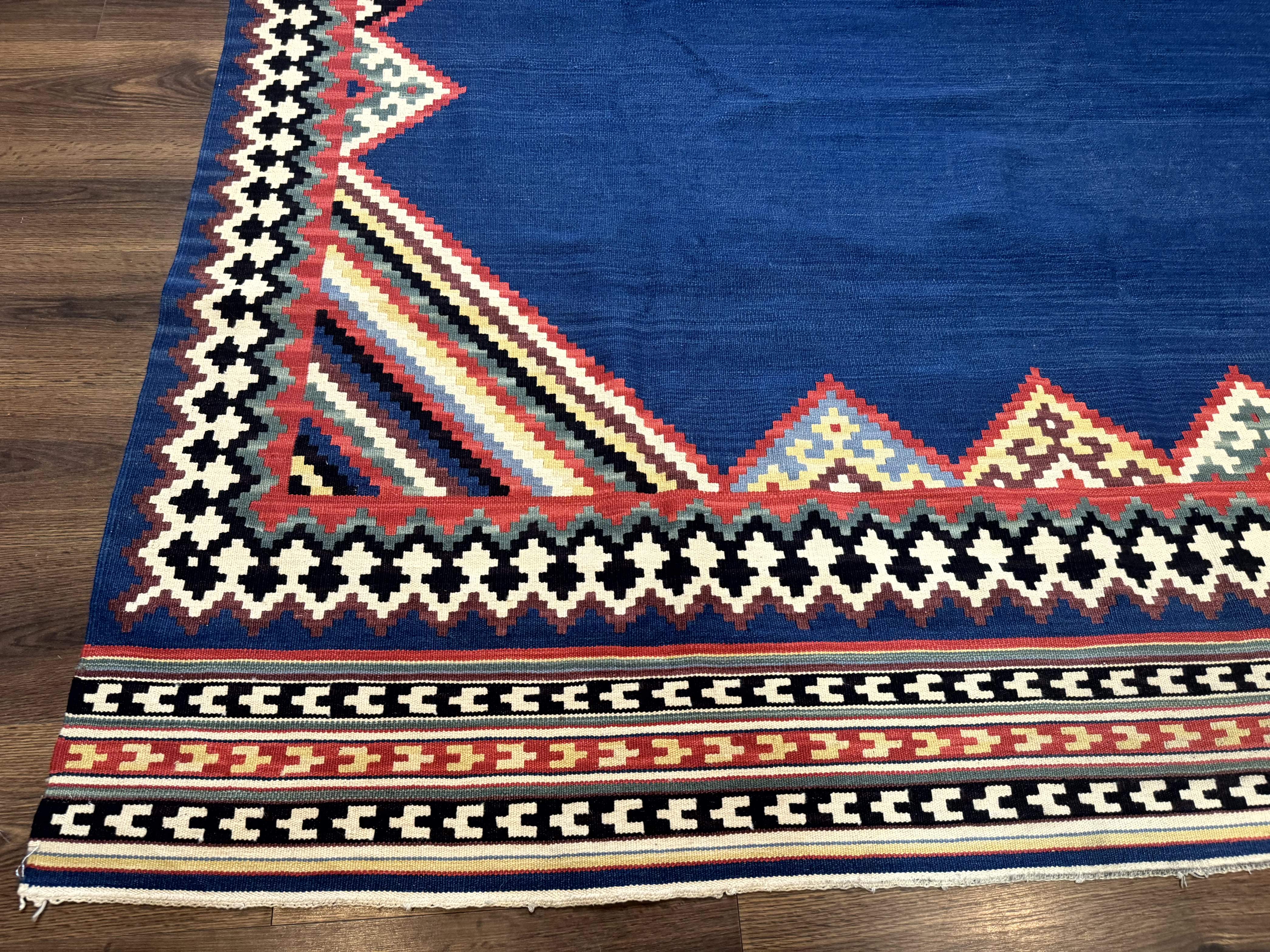 Persian Shiraz Tribal Kilim Rug 8x10, Large Blue Open Field, Bohemian, Colorful - Jewel Rugs