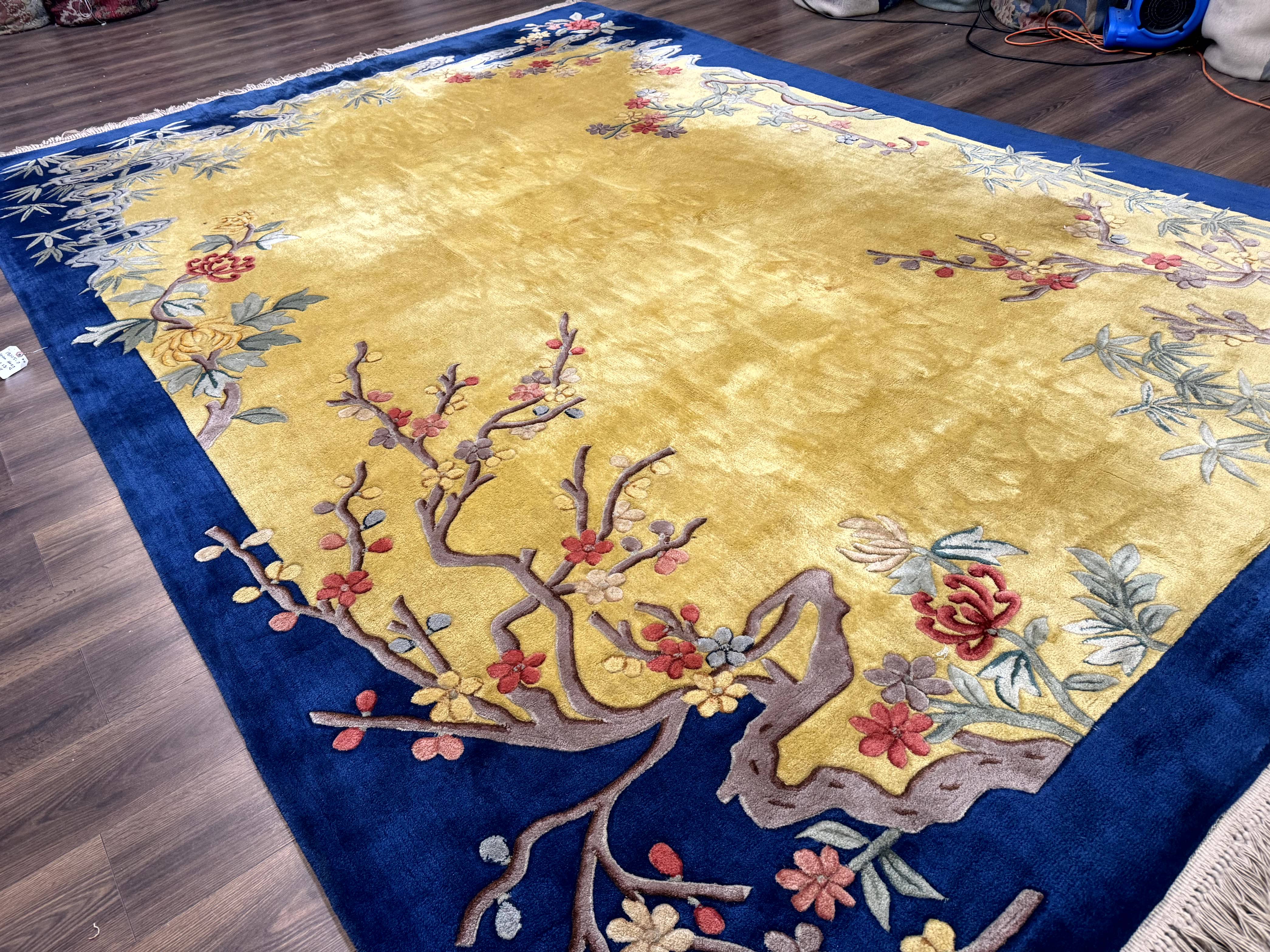 Chinese Peking Rug 9.6 x 13, Light Mustard & Blue, Wool Chinese Carpet, Hand Tufted, Vintage - Jewel Rugs