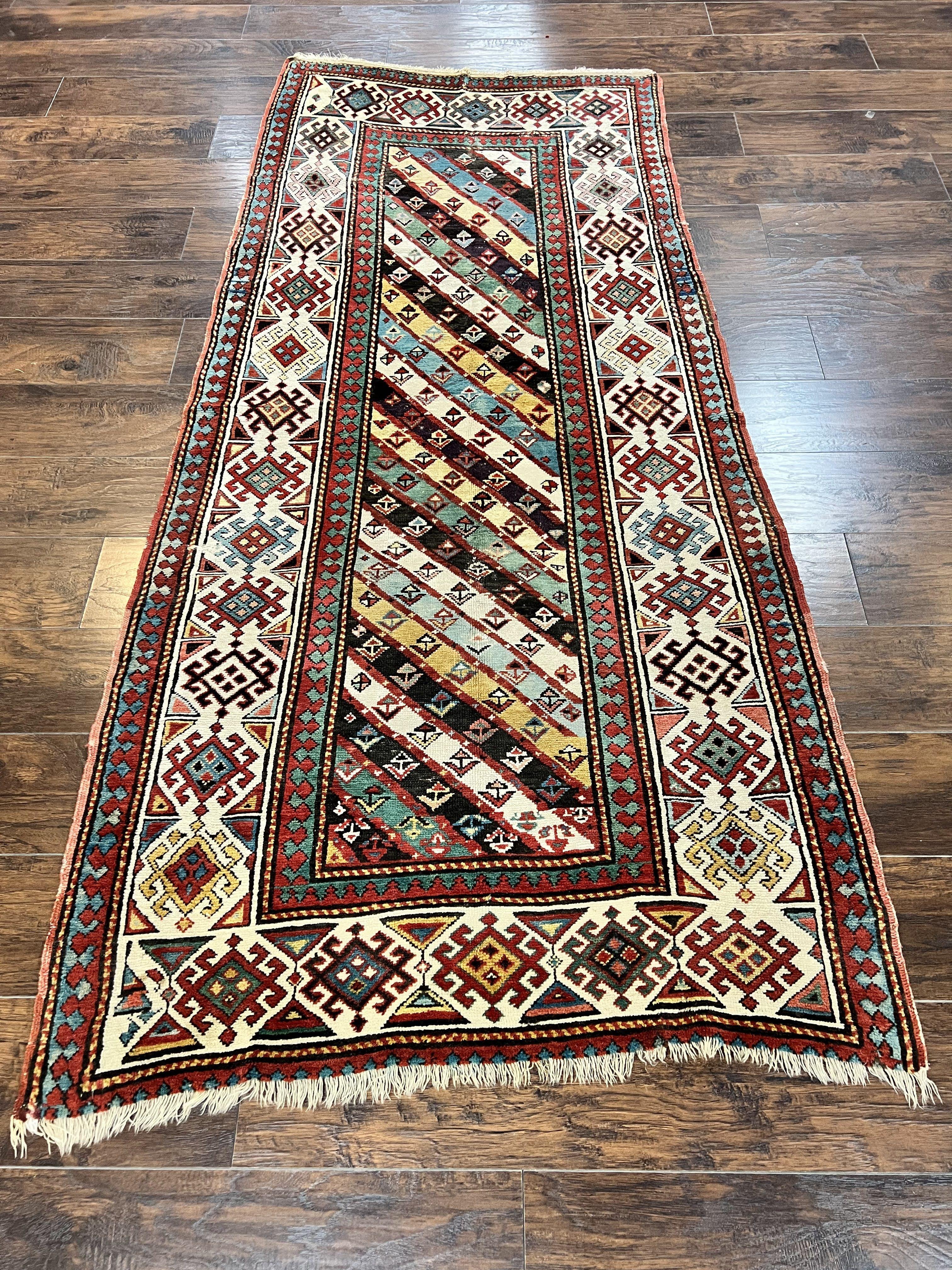 Caucasian Kazak Runner Rug 3.6 x 8, Wool Hand Knotted Antique 1880s Carpet, Ivory & Multicolor Stripes Oriental Runner Rug, Hallway Rug - Jewel Rugs