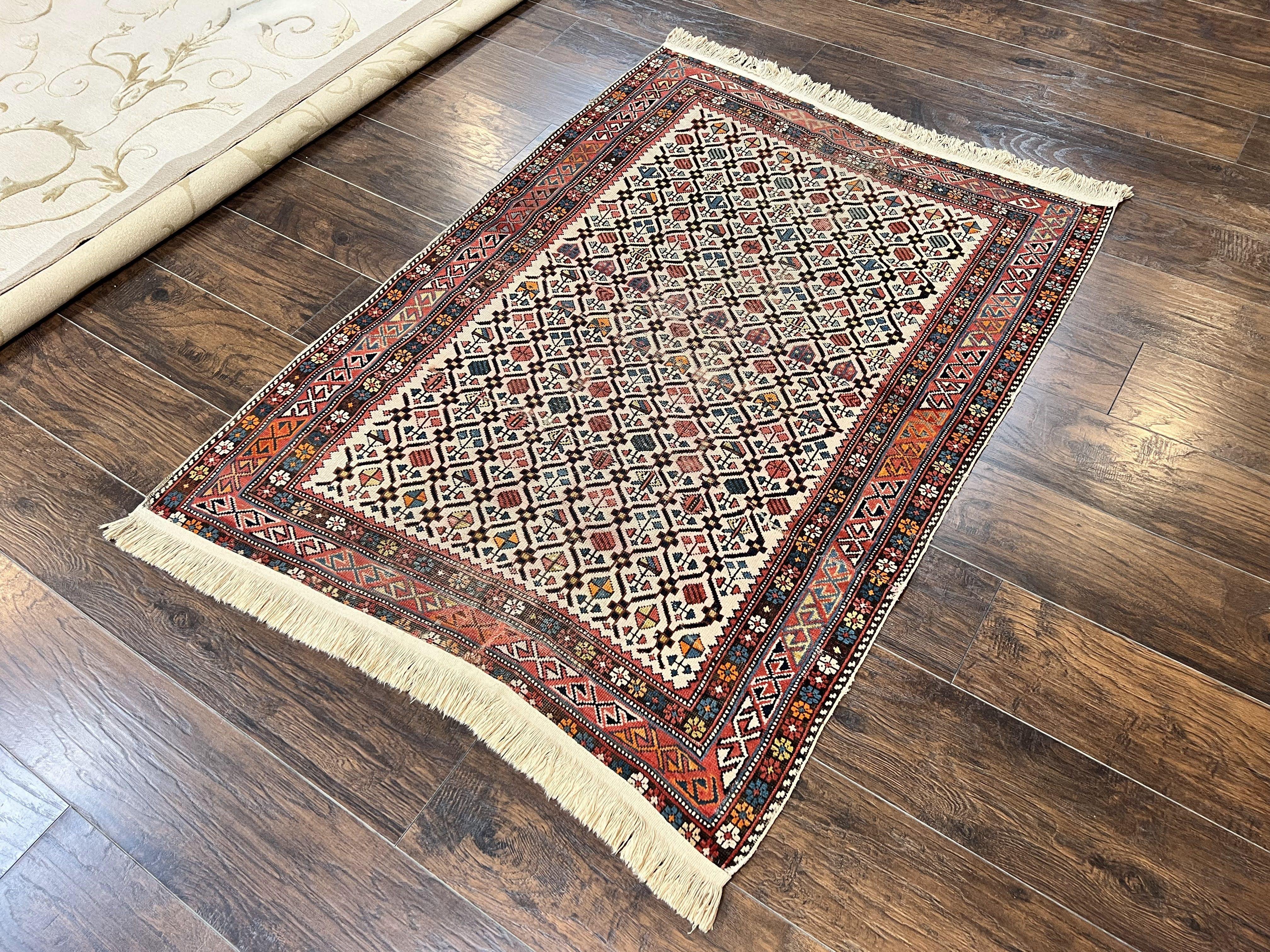 Antique Caucasian Rug 4x5, Hand Knotted Handmade Shirvan Oriental Carpet, Ivory Red Rug Allover Pattern, Rare Wool Rug, Tribal Geometric Rug - Jewel Rugs