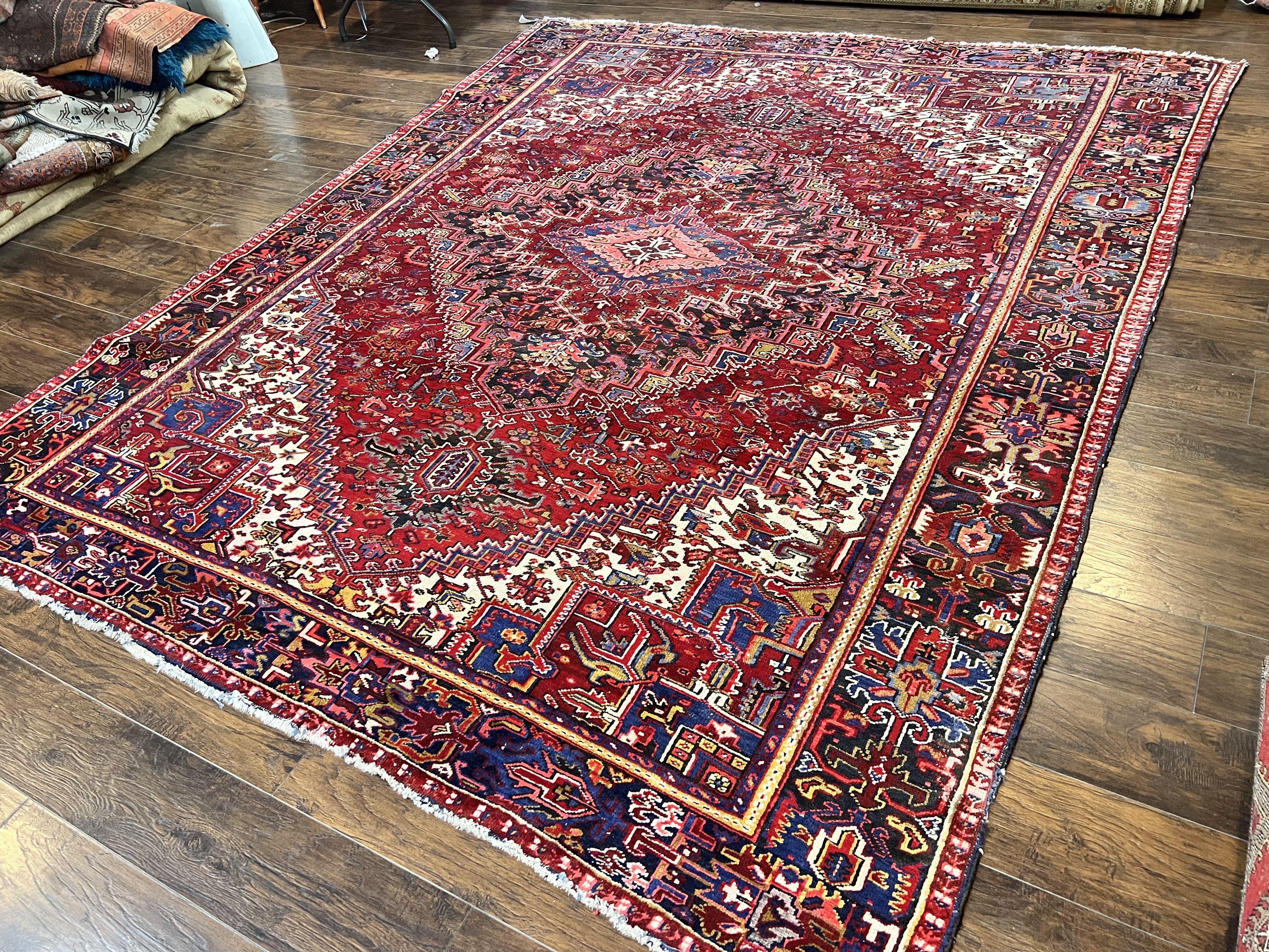 Persian Heriz Rug 9x11 ft, Geometric Rug 9 x 11, Red Room Sized Semi Antique Vintage Wool Hand Knotted Oriental Carpet - Jewel Rugs