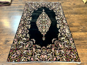 Antique Persian Kirman Rug 5x8, Floral Kirman, Midnight Blue/Black, Semi Open Field, Handmade Vintage Wool Carpet