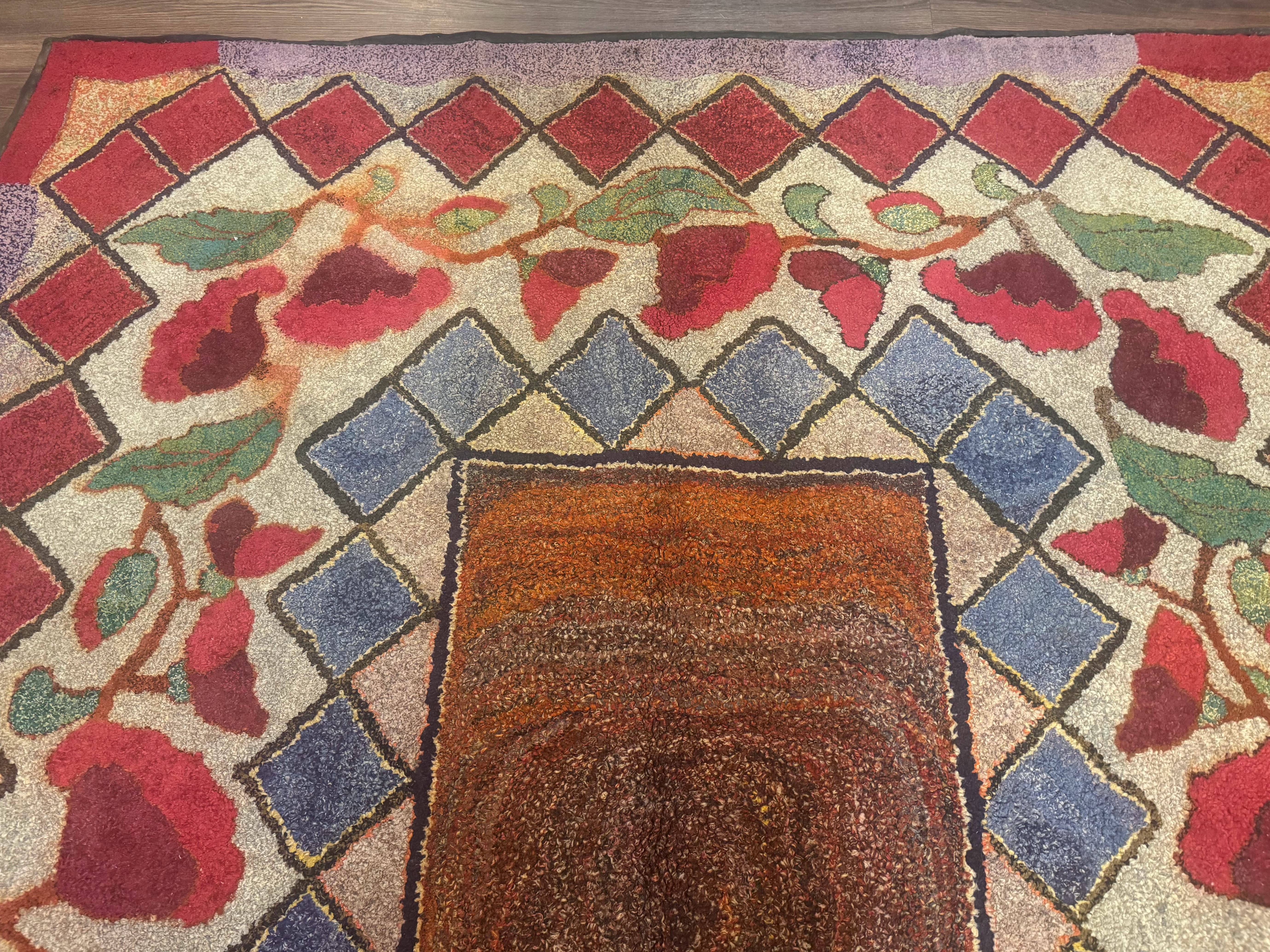 Vintage American Hooked Rug 6x7, Unique Colors, Red Lavender Cream, Abstract - Jewel Rugs