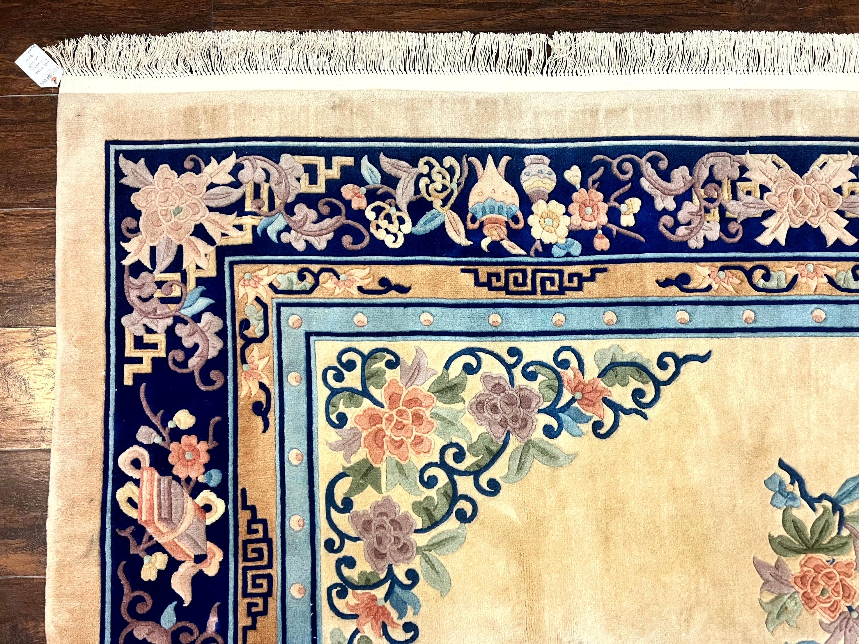 Chinese Wool Rug 8x11, Peking Asian Oriental Carpet, Cream/Ivory and Blue, Vintage Handmade Rug, Art Deco Rug - Jewel Rugs