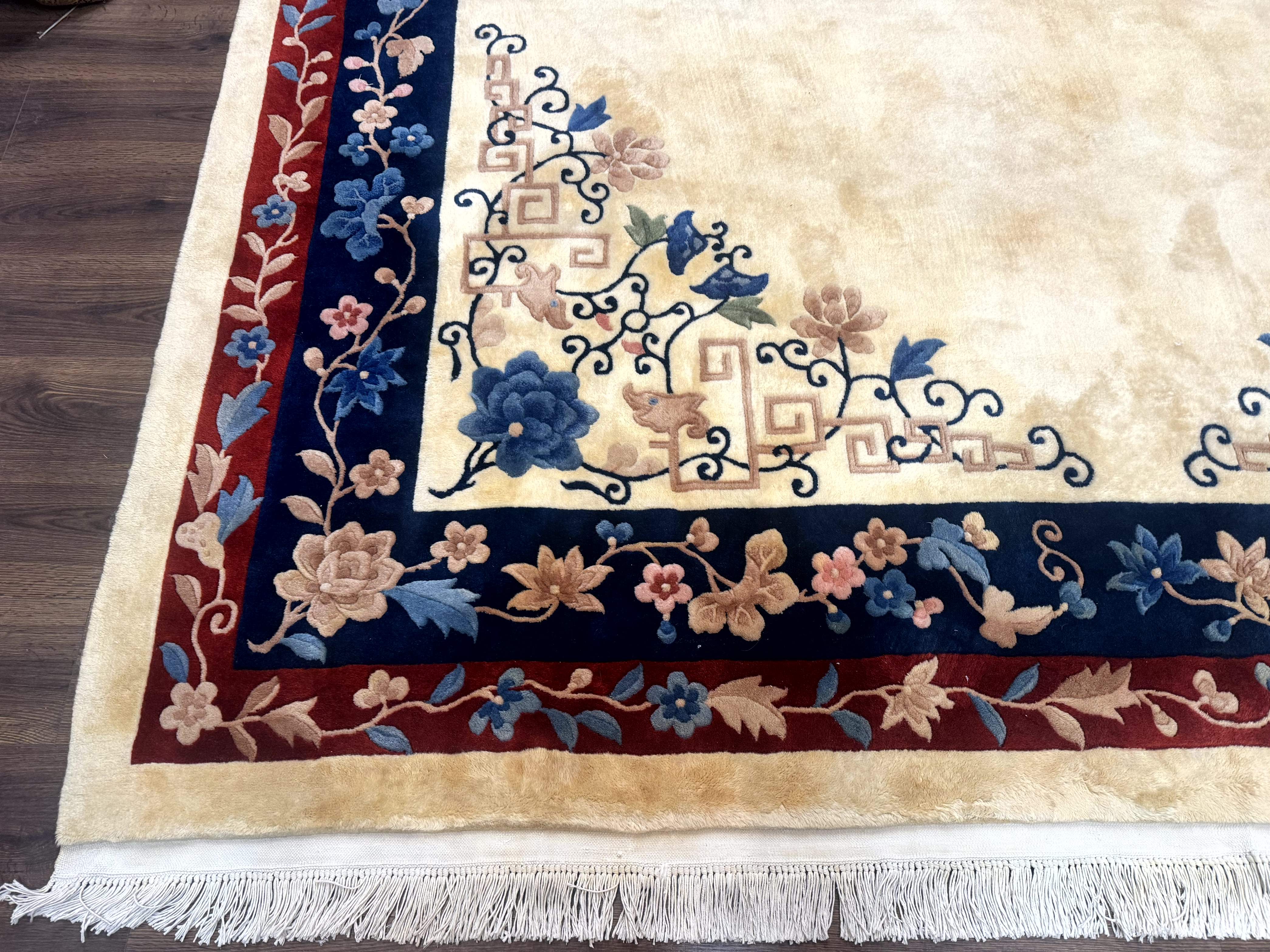 Chinese Rug 10x14 – Cream and Navy, 90 Line Vintage Wool Carpet - Jewel Rugs