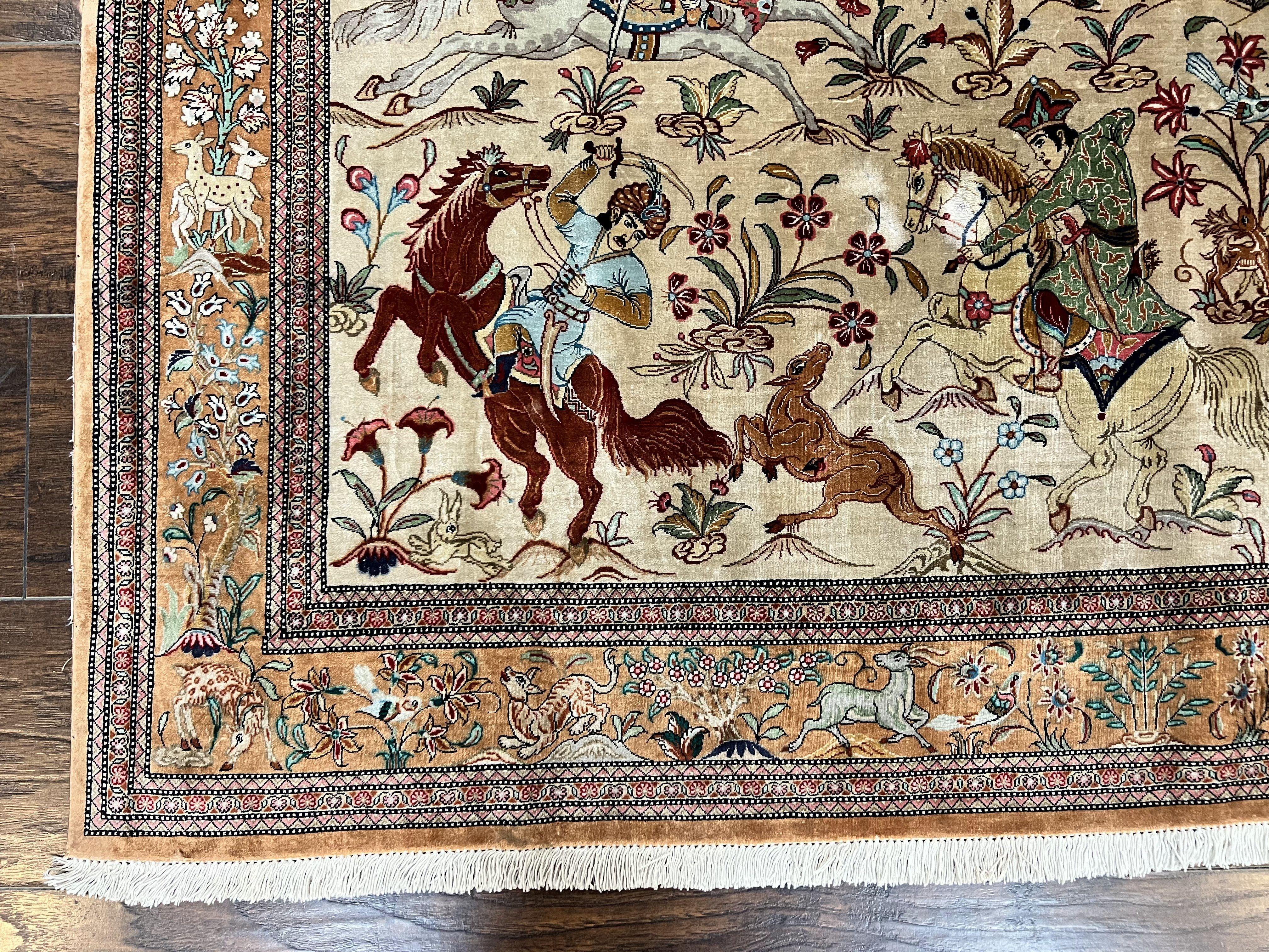Silk Persian Qum Rug 3x5, Hunting Pattern, Handmade Vintage Carpet, Signed by Master Weaver, Horsemen Pictorials, Super Fine 650 KPSI - Jewel Rugs