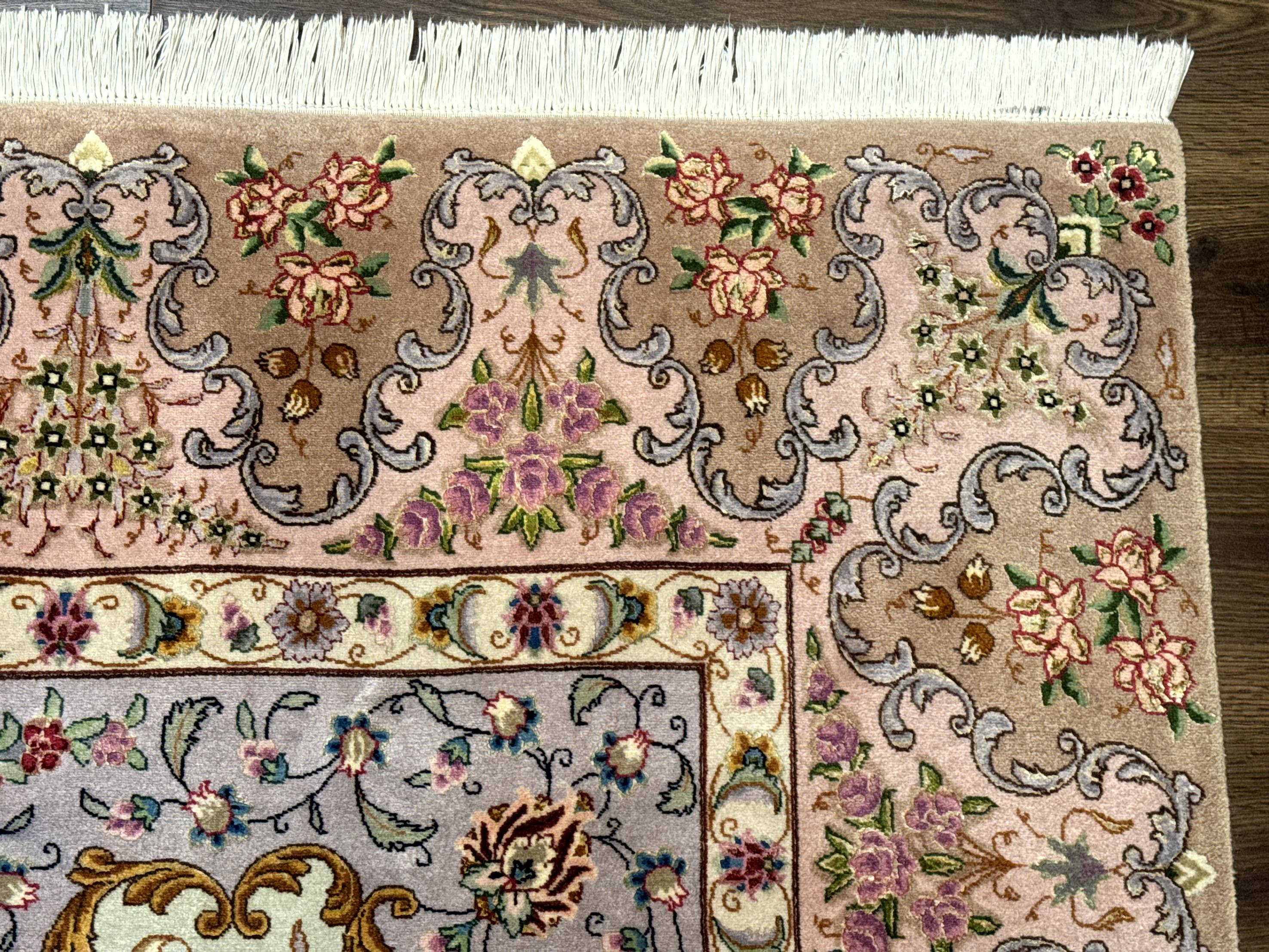 Wonderful Persian Tabriz Rug 7x10, Very Fine 330 KPSI, Light Green Light Blue Pink, Kork Wool Silk Foundation, Bird Pictorials - Jewel Rugs