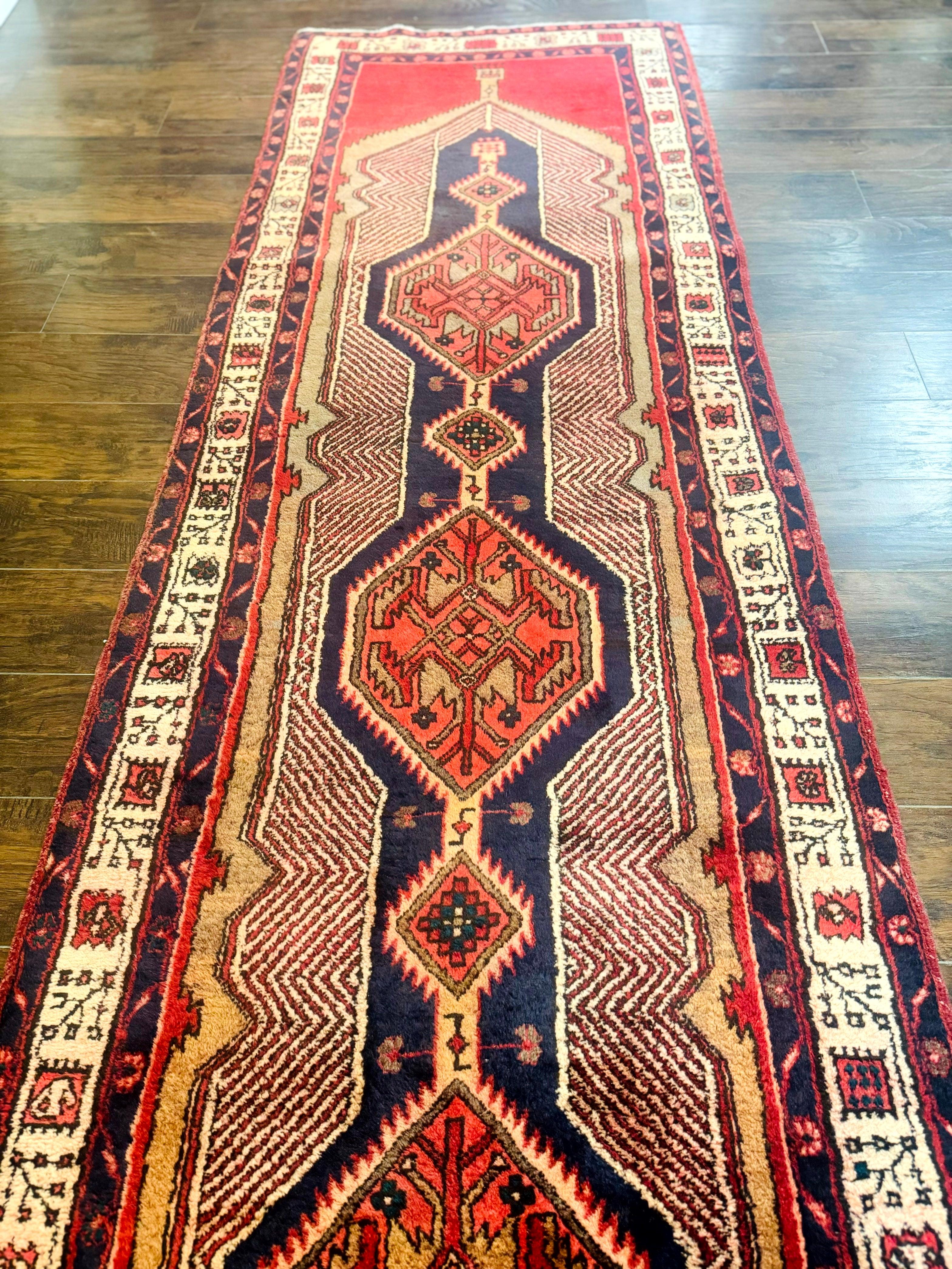 Persian Tribal Runner Rug 3.7 x 13, Red, Geometric Medallions, Sarab Runner, Semi Antique - Jewel Rugs