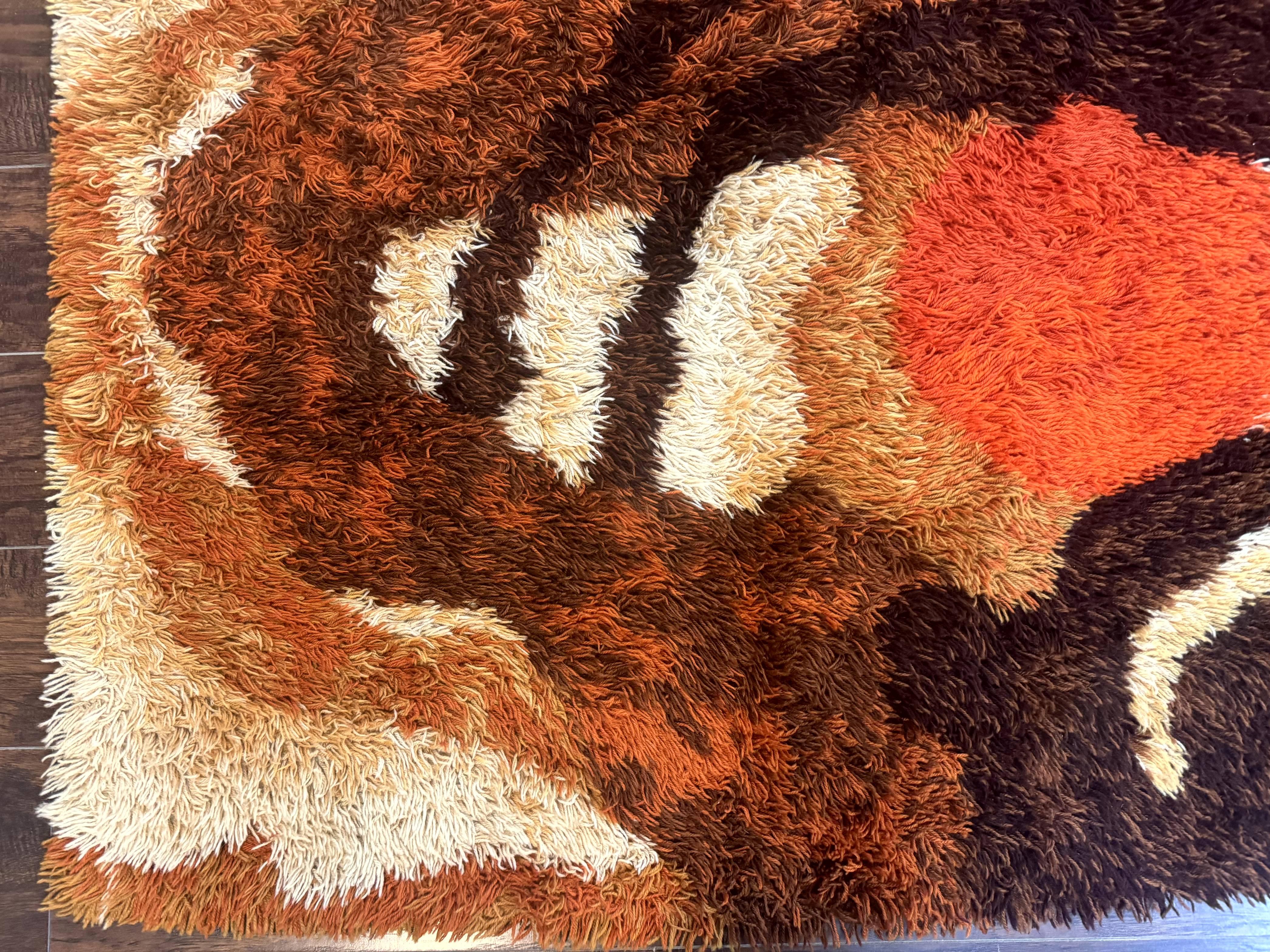 Danish Rya Shag Rug, Mid Century Modern Vintage Retro Abstract Carpet, 5x6, Shades of Brown Cream and Orange - Jewel Rugs