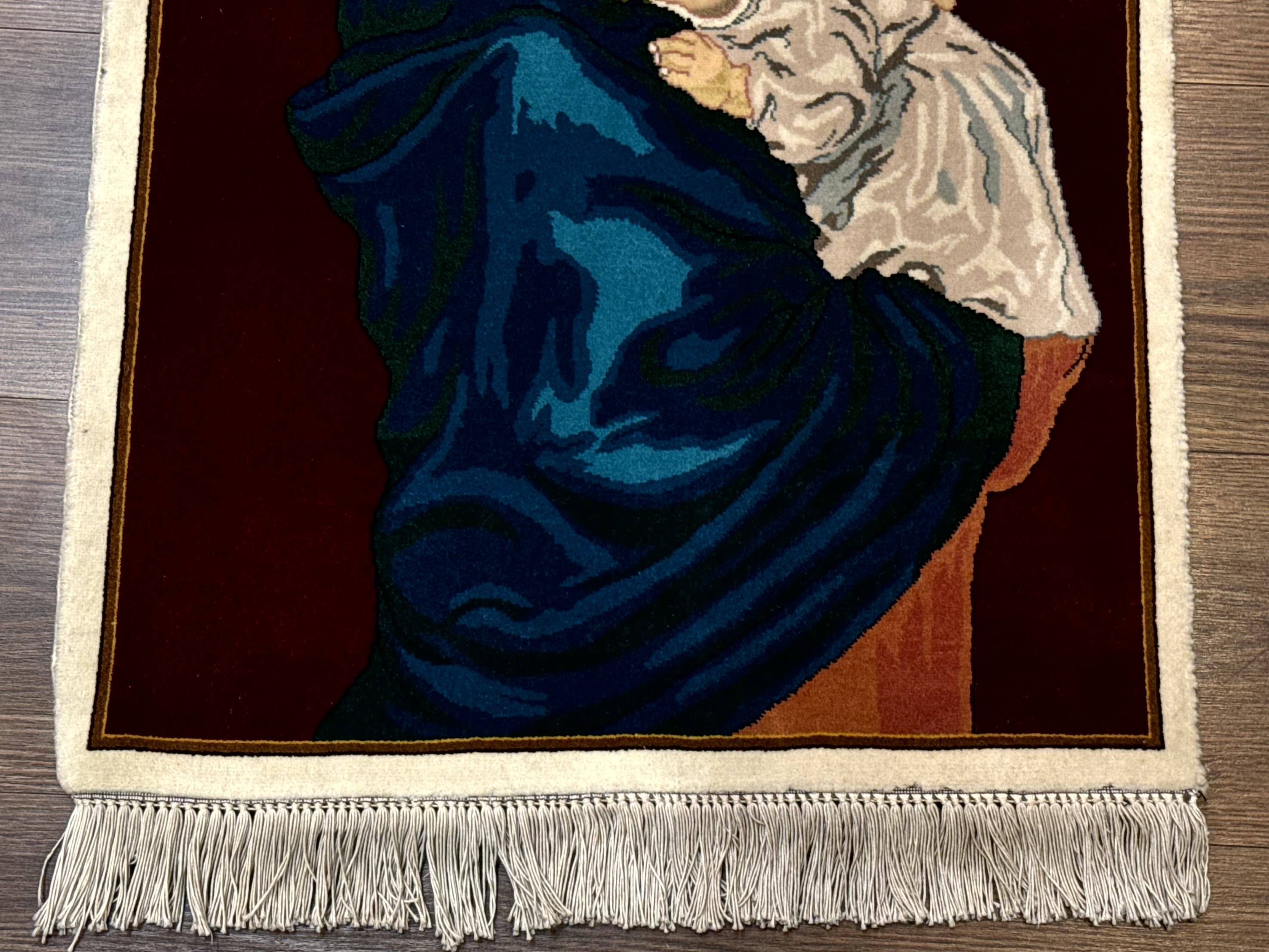 Small Persian Tabriz Pictorial Rug 2x2, Mother Holding Child, Very Fine 340 KPSI, Maroon - Jewel Rugs