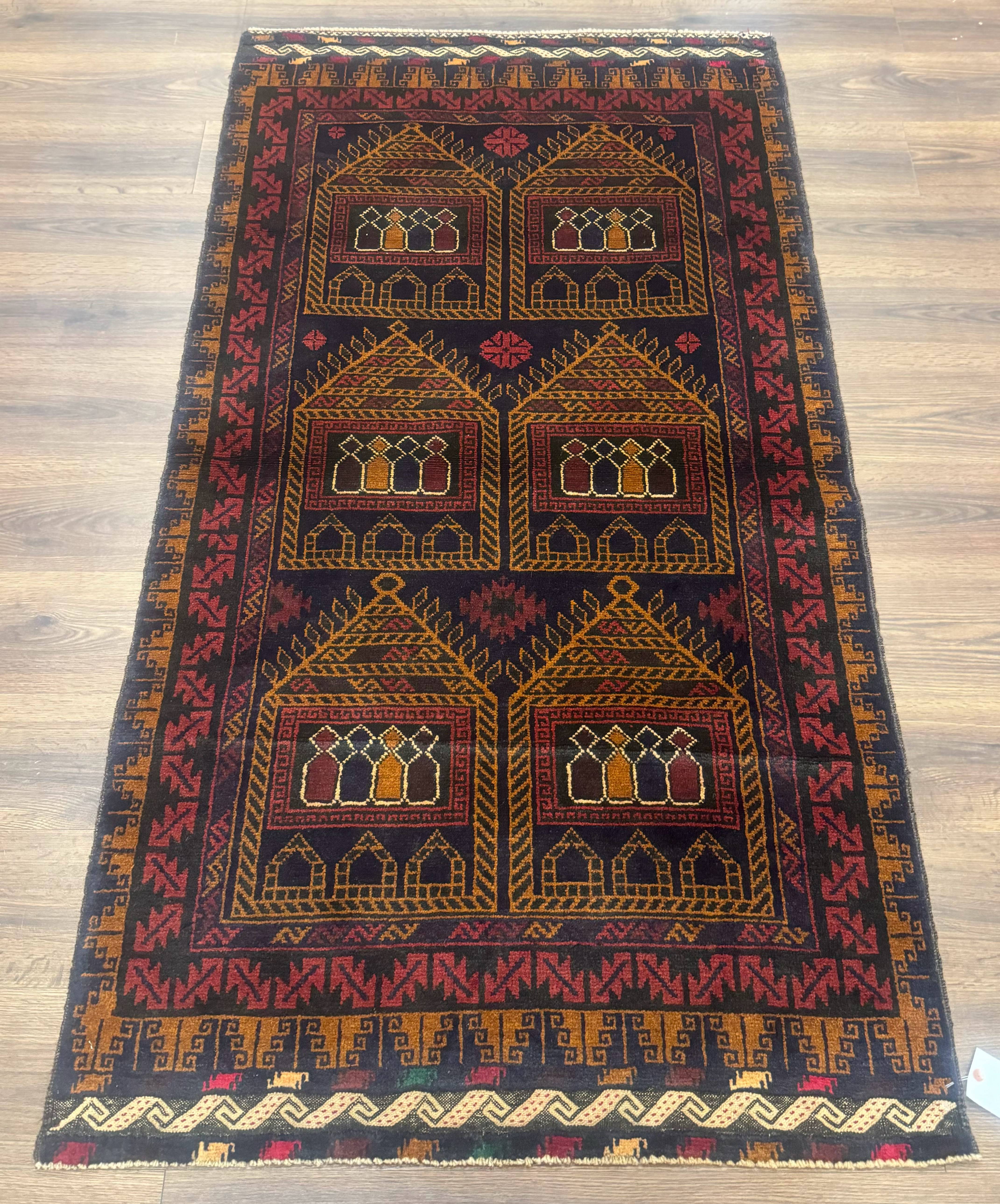 Afghan Rug 3x7, Navy Blue, Tribal Rug, Balouch Carpet, New - Jewel Rugs