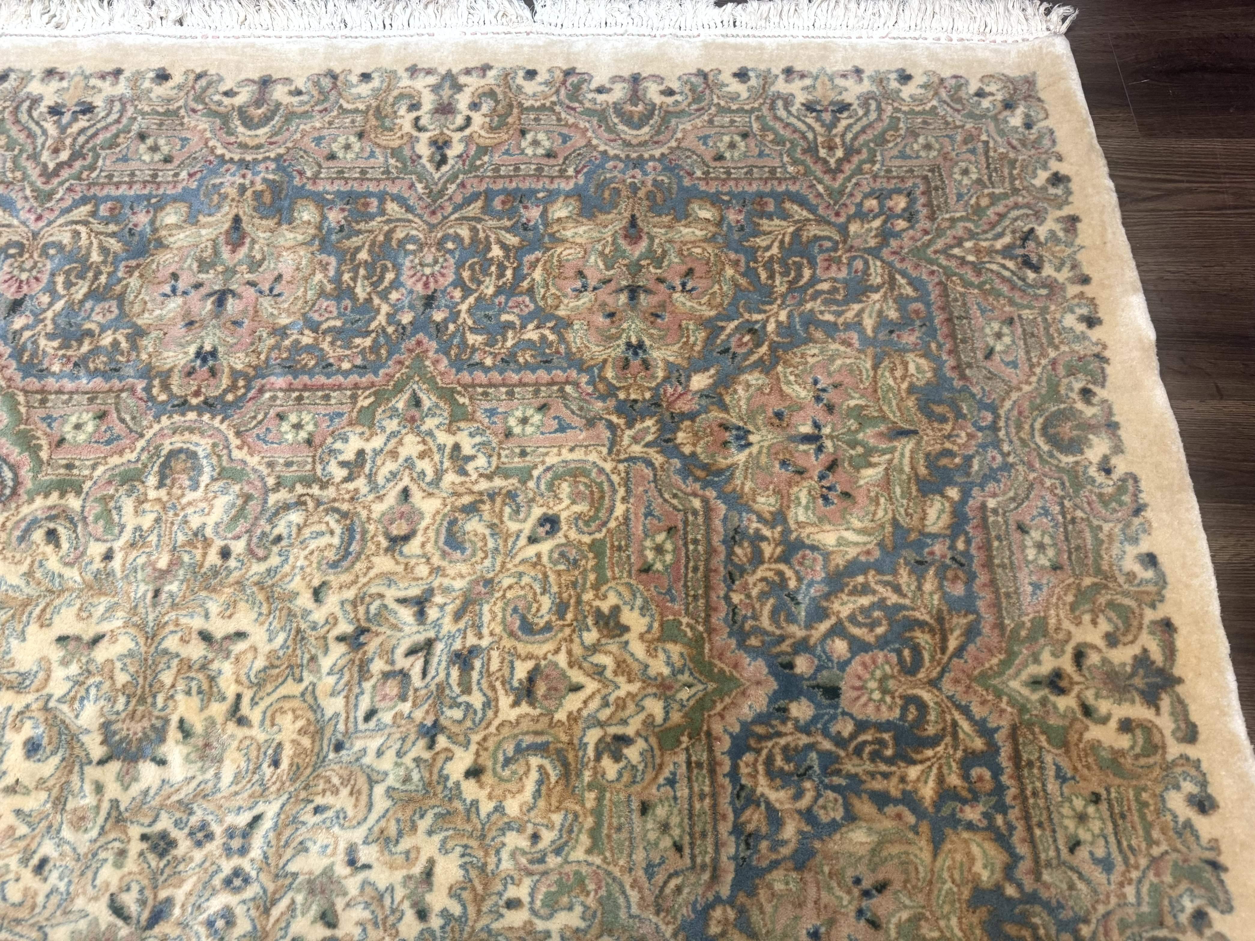 Palace Size Persian Kerman Rug 12x18, Floral Kirman Rug, Ivory Light Blue Pink, Pastel Colors, Vintage Persian Rug, Signed, Fine 240 KPSI - Jewel Rugs