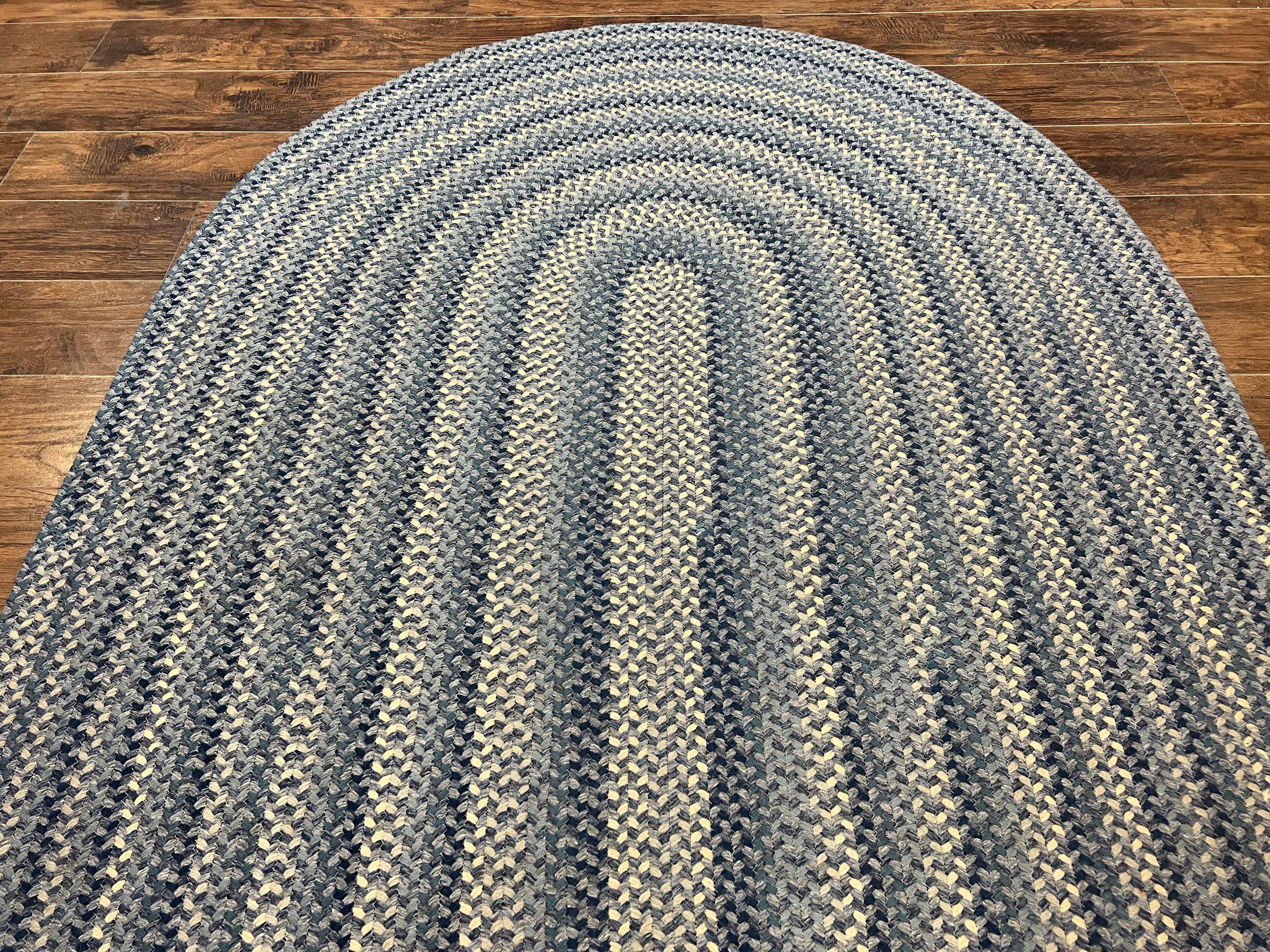 American Oval Braided Rug 5x8 Wool Handmade Vintage Carpet, Multicolor, Blues Gray Cream - Jewel Rugs