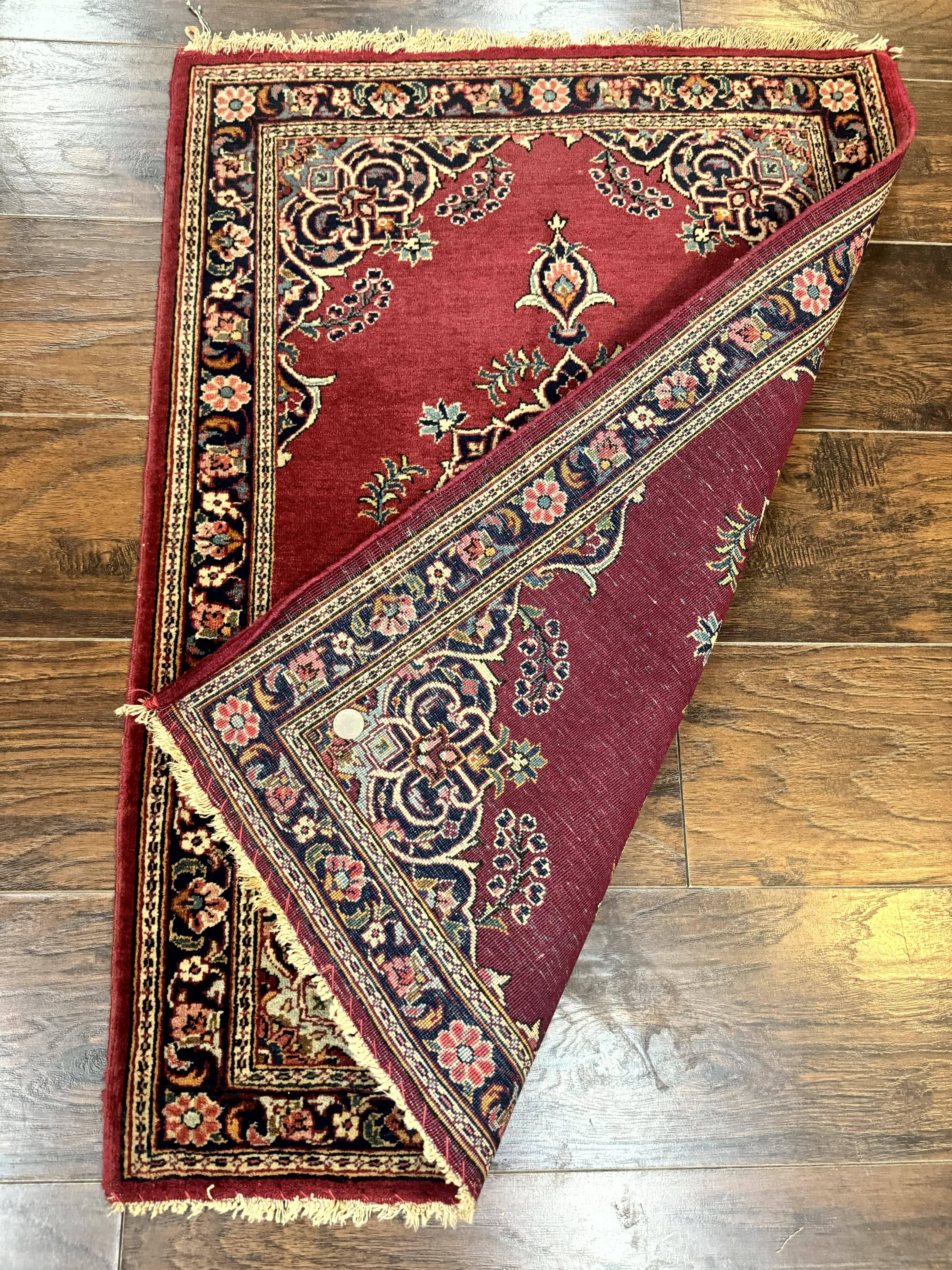 Small Persian Kashan Rug 2x3, Red and Navy Blue, Handmade Vintage Wool Semi Antique Persian Carpet, Semi Open Field - Jewel Rugs