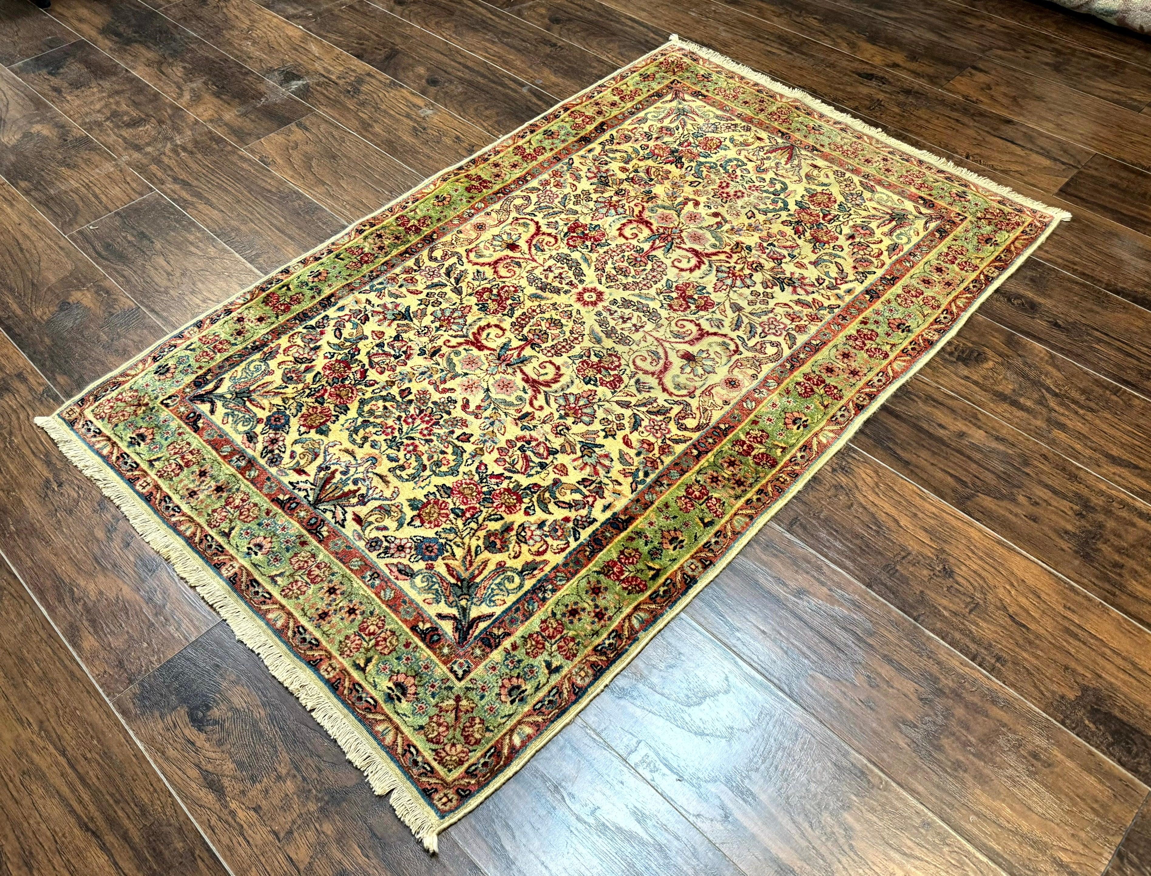 Antique Persian Kerman Rug 3x5, Floral Design, Cream and Light Green - Jewel Rugs