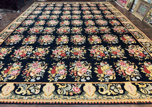 Palace Size Needlepoint Rug 12x16, Black and Colorful, Floral Panel, Handmade Oversized Wool Needlepoint Carpet, Rare