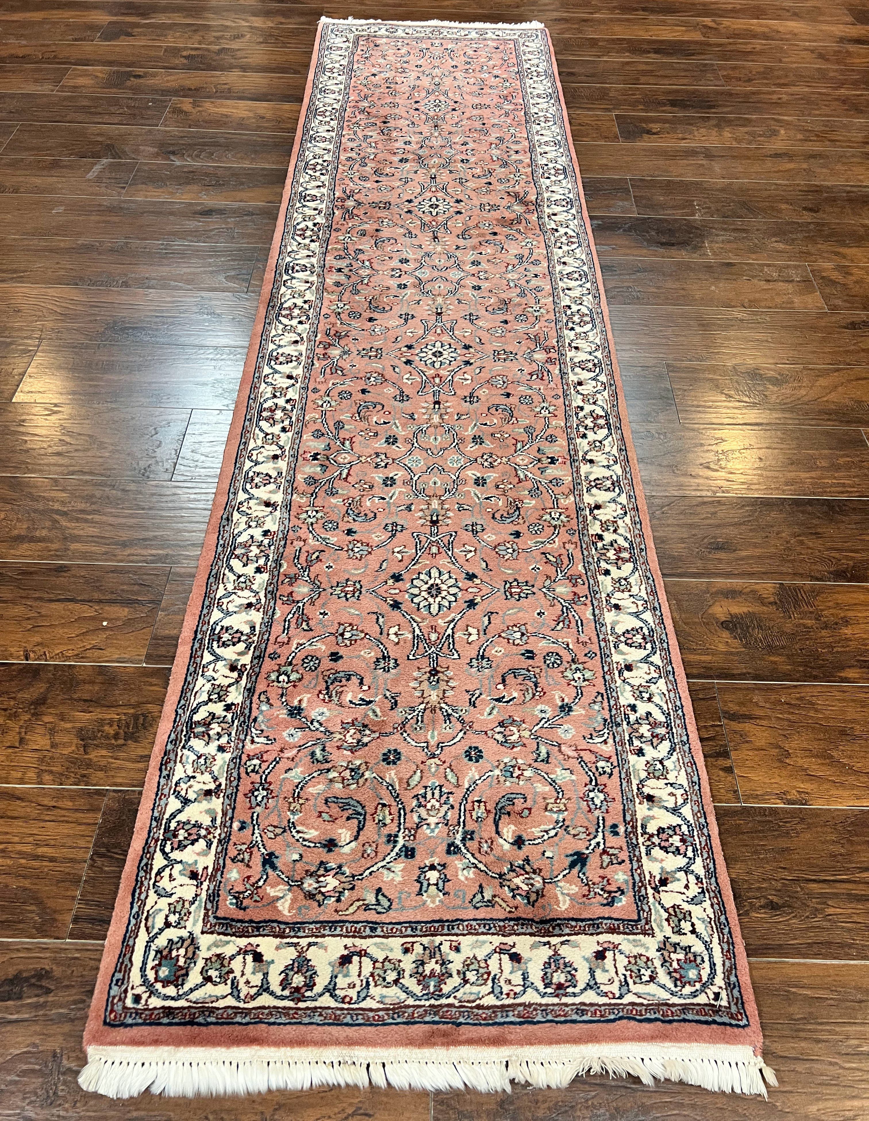 Indo Persian Runner Rug 2.6 x 10, Wool Hand Knotted Vintage Oriental Carpet, Pink & Ivory, Floral Allover, Hallway Rug - Jewel Rugs
