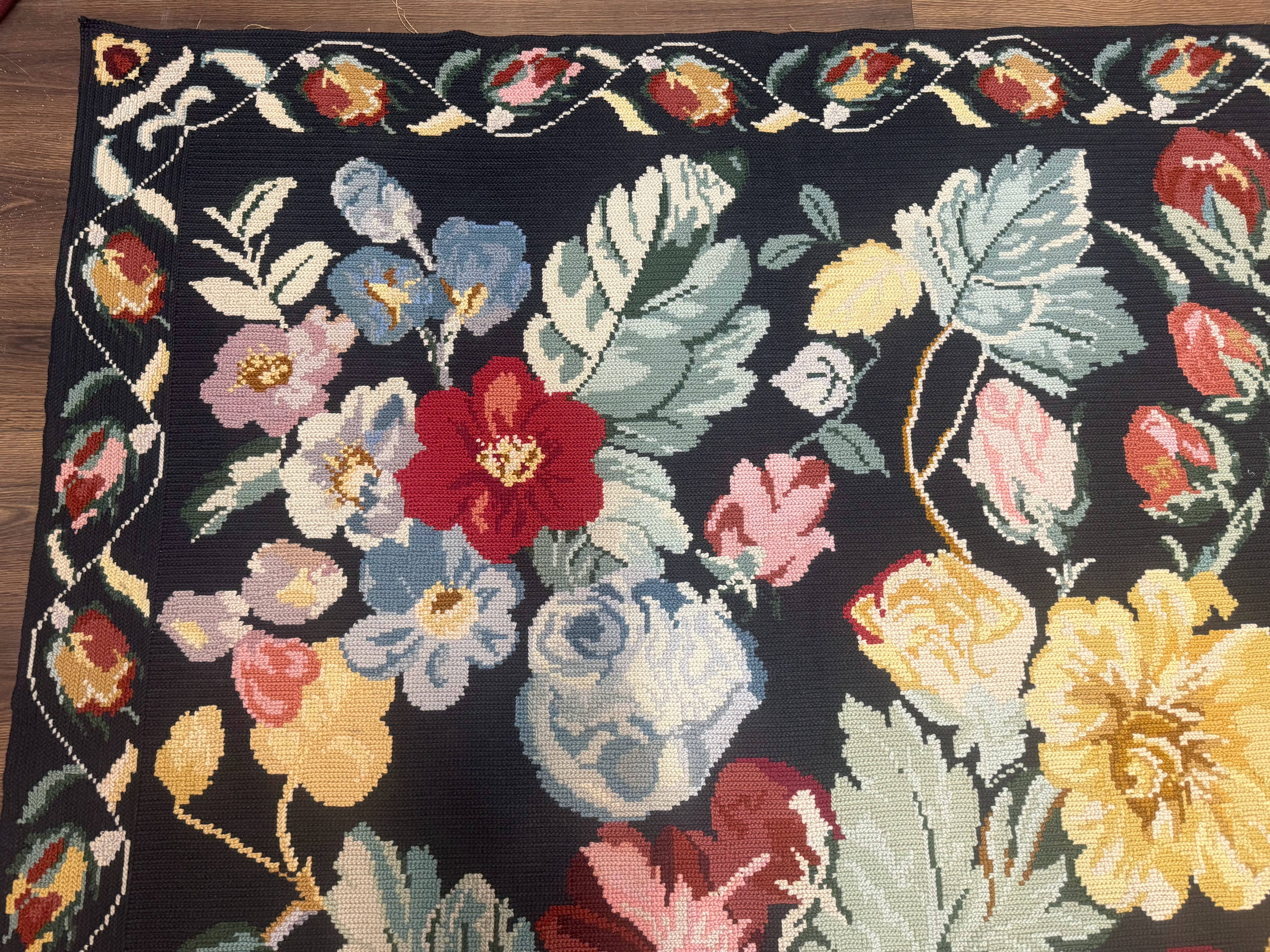 Palace Size Needlepoint Rug 12x18, Vintage Spanish Portuguese Carpet, Floral Design - Jewel Rugs